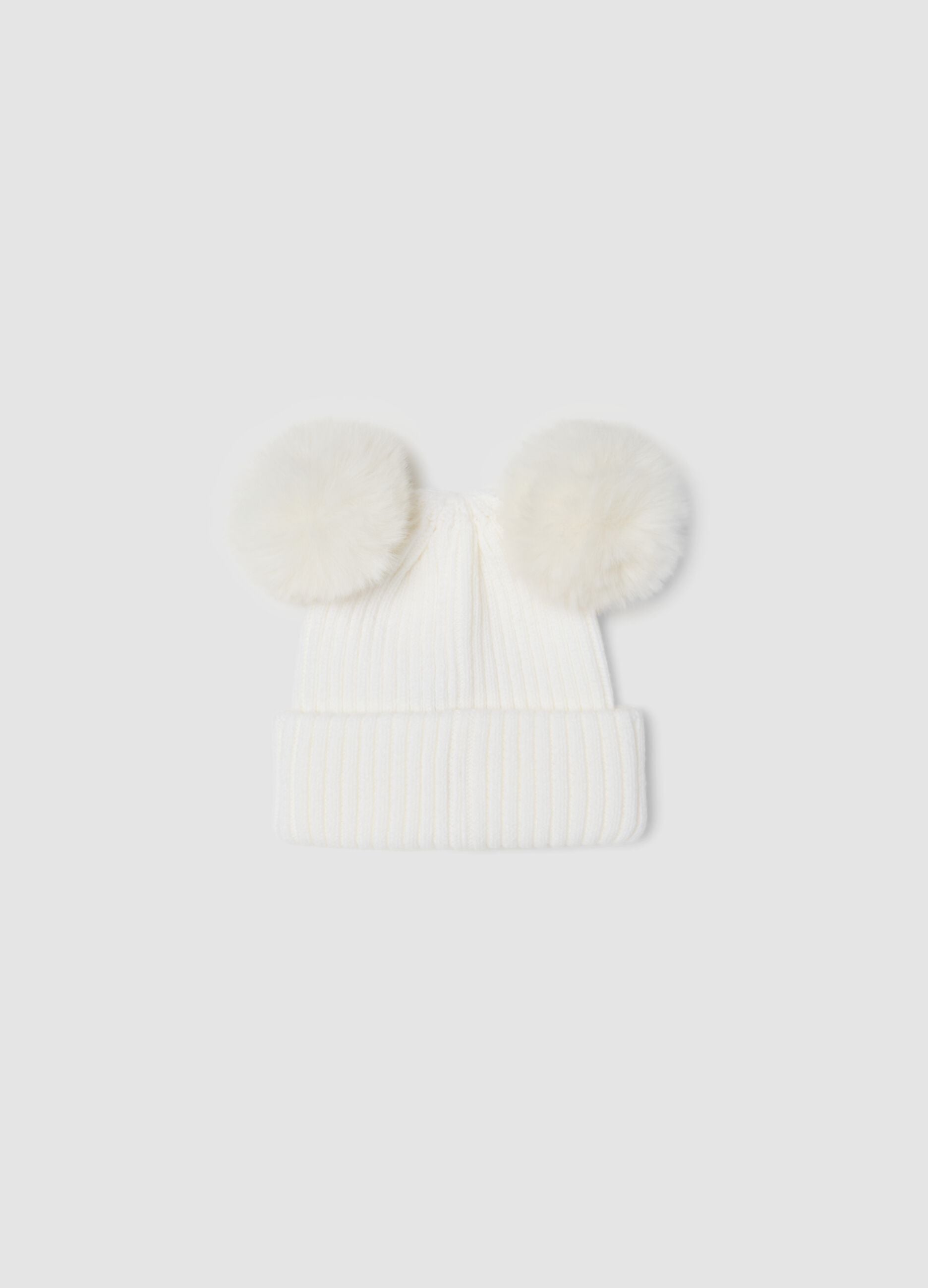 White rib-knit hat with bow and pom-poms