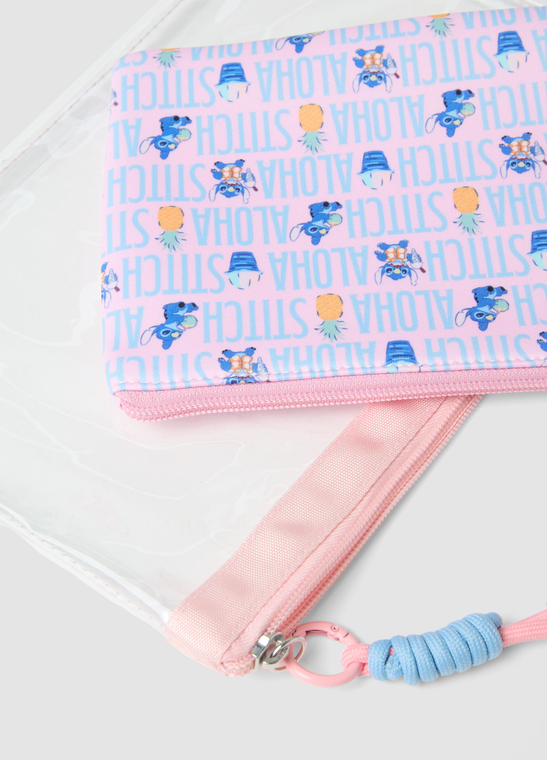 Transparent pink beauty case with Stitch print
