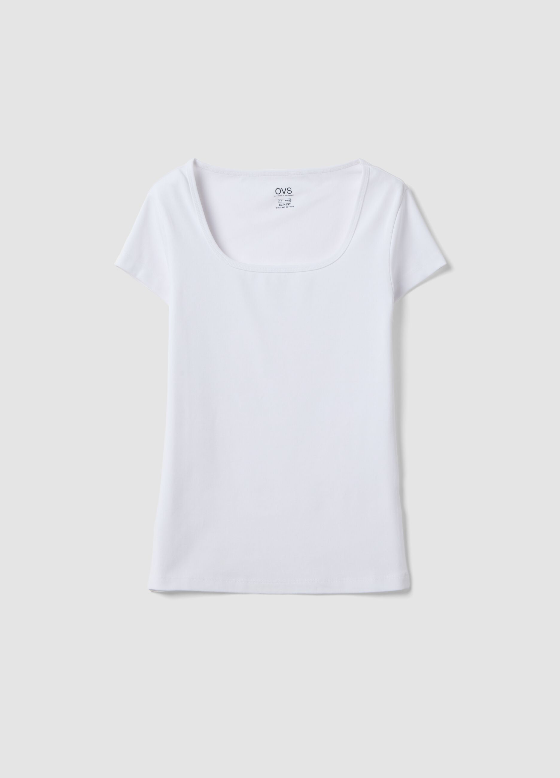 White fitted stretch-cotton T-shirt with square neckline