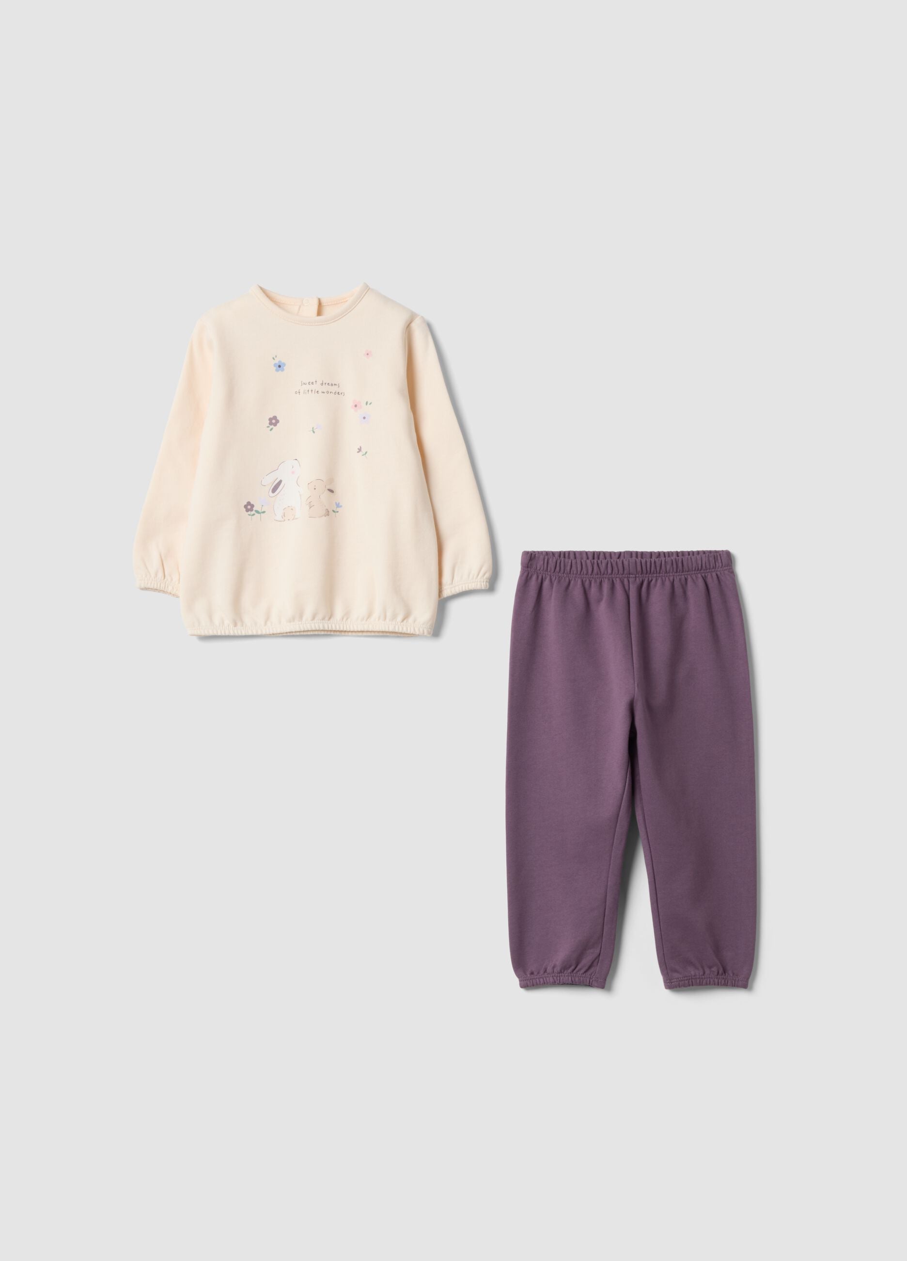 Pigiama beige e viola in puro cotone organico con stampa coniglietti