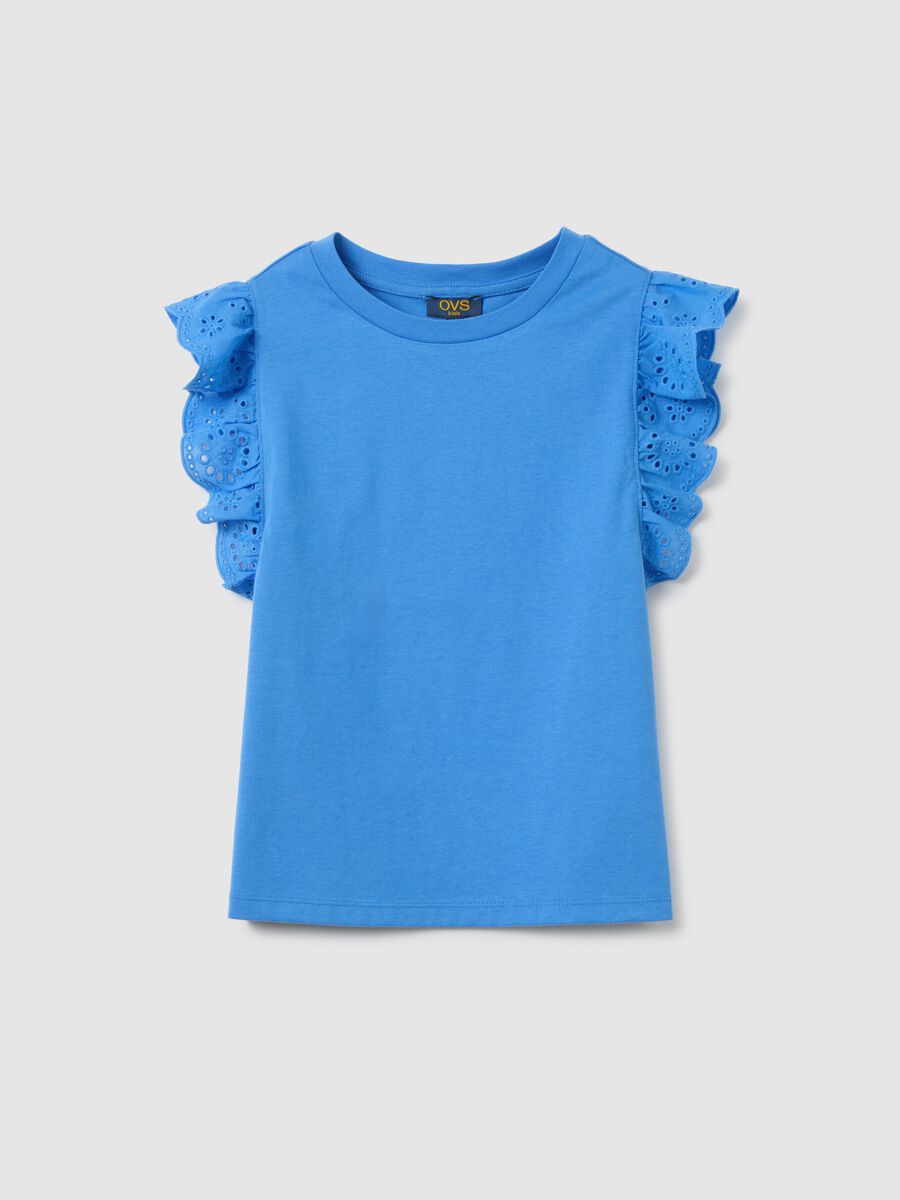 T-shirt da ragazze in puro cotone blu regular fit con volant_3