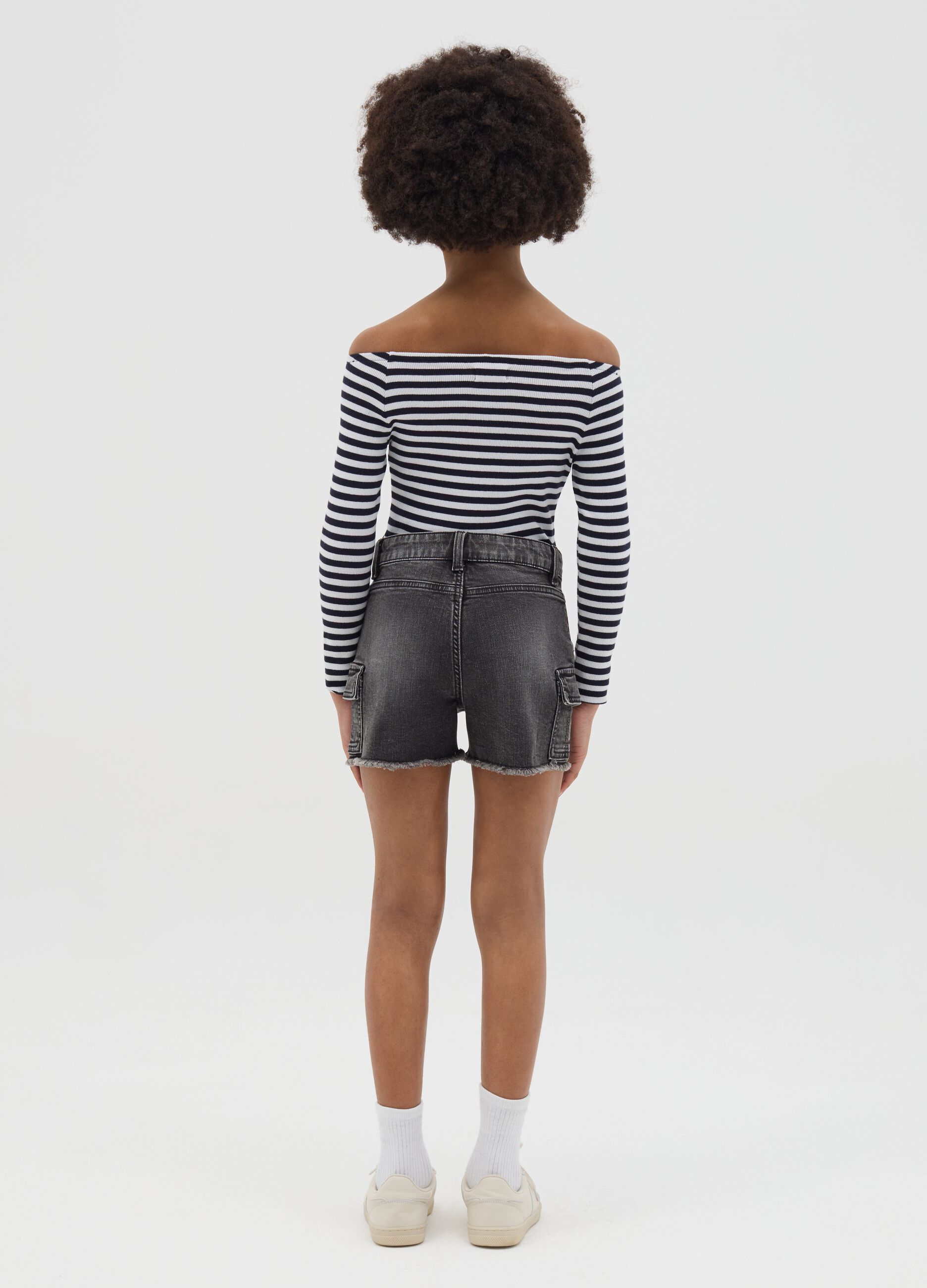 Black cargo shorts with fringed hem