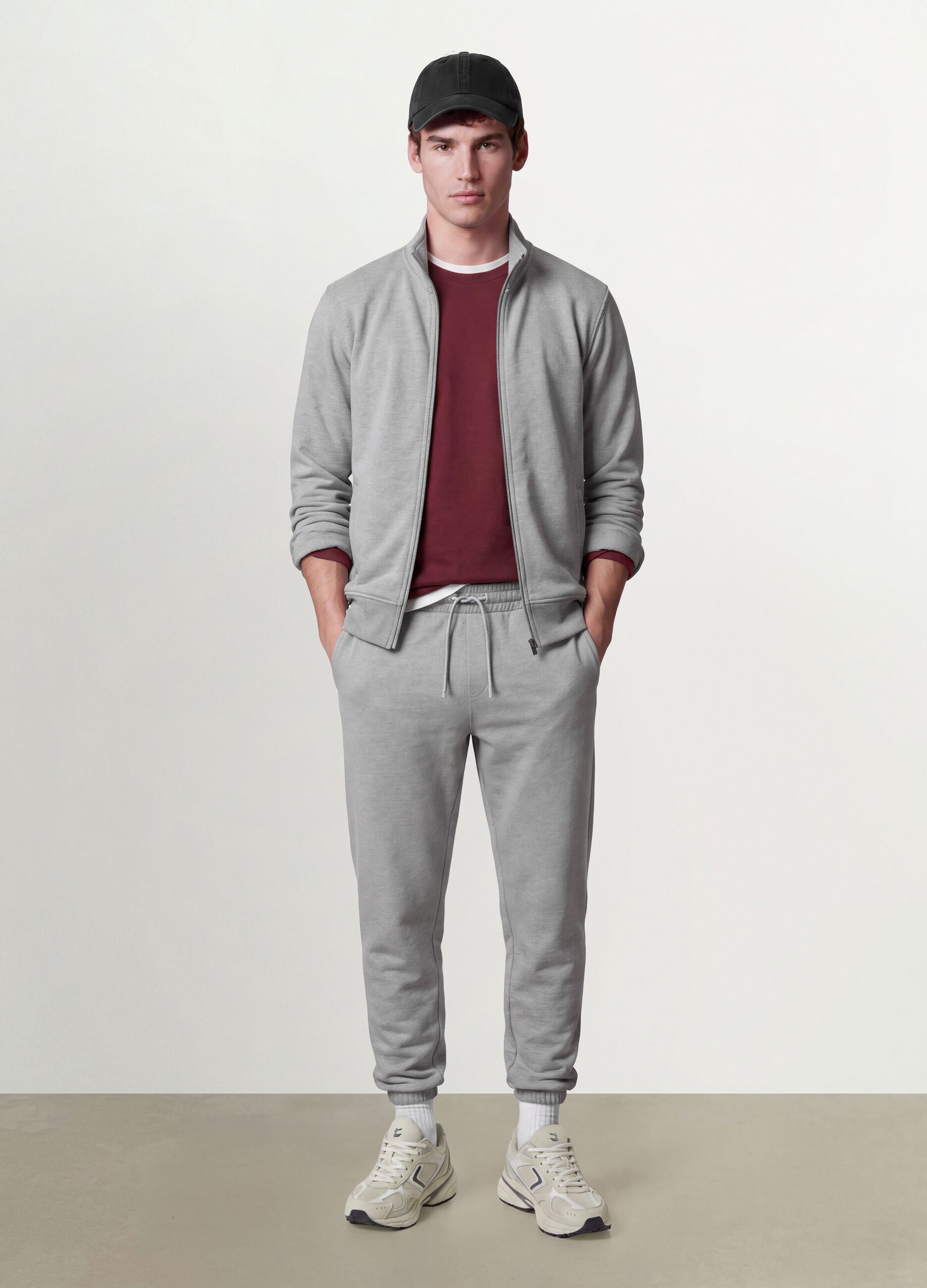 Grey cotton-blend sweatshirt with crew neck and zip, regular fit