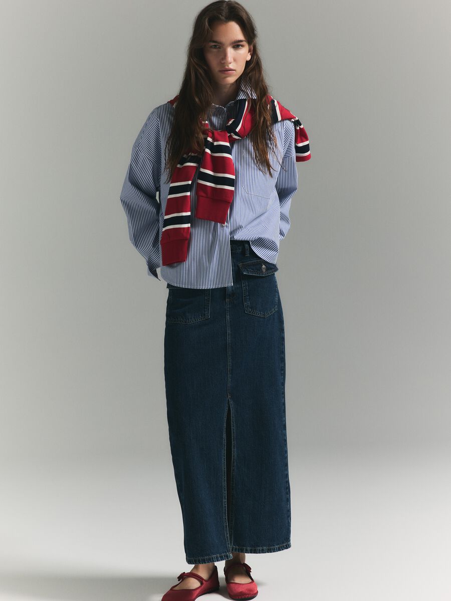 Oversized white and blue striped pure cotton shirt_0