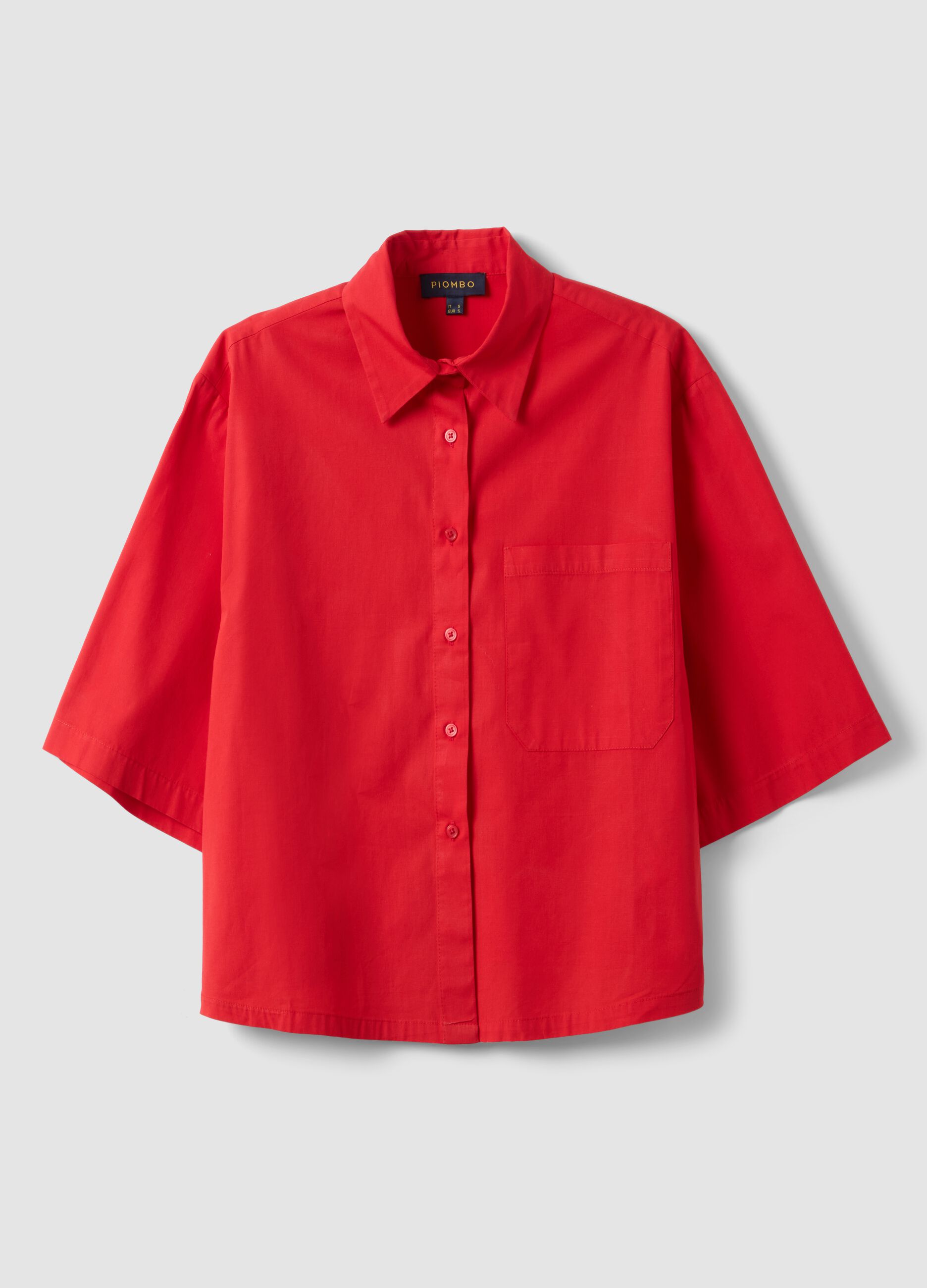 Red pure cotton shirt with chest pocket, oversized fit