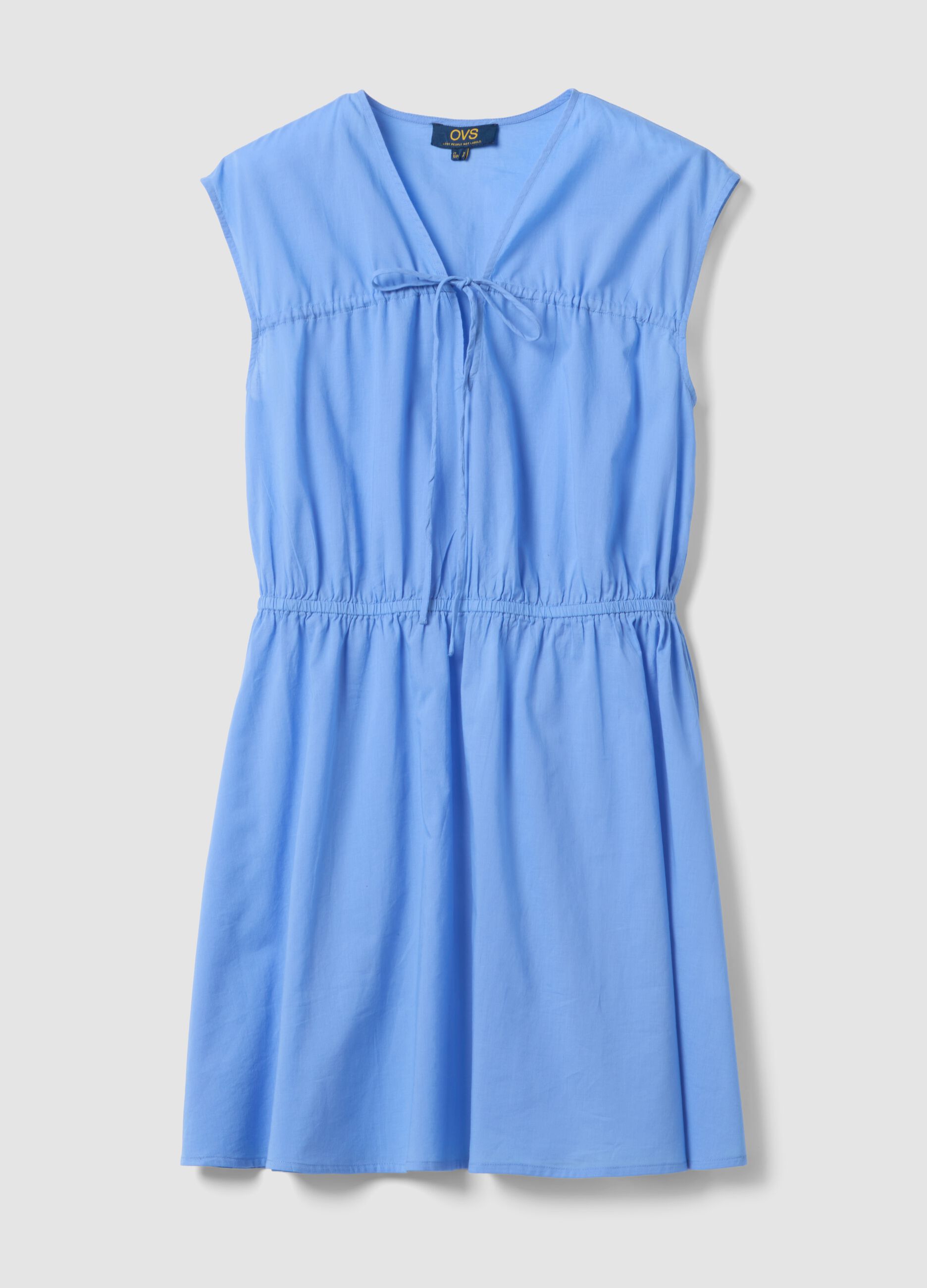 Light blue pure cotton regular-fit dress with V-neck and tie fastening