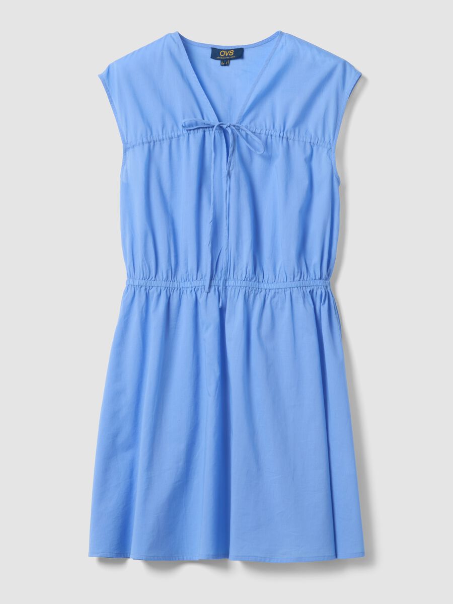 Abito azzurro in puro cotone regular fit con scollo a V e laccetti_4