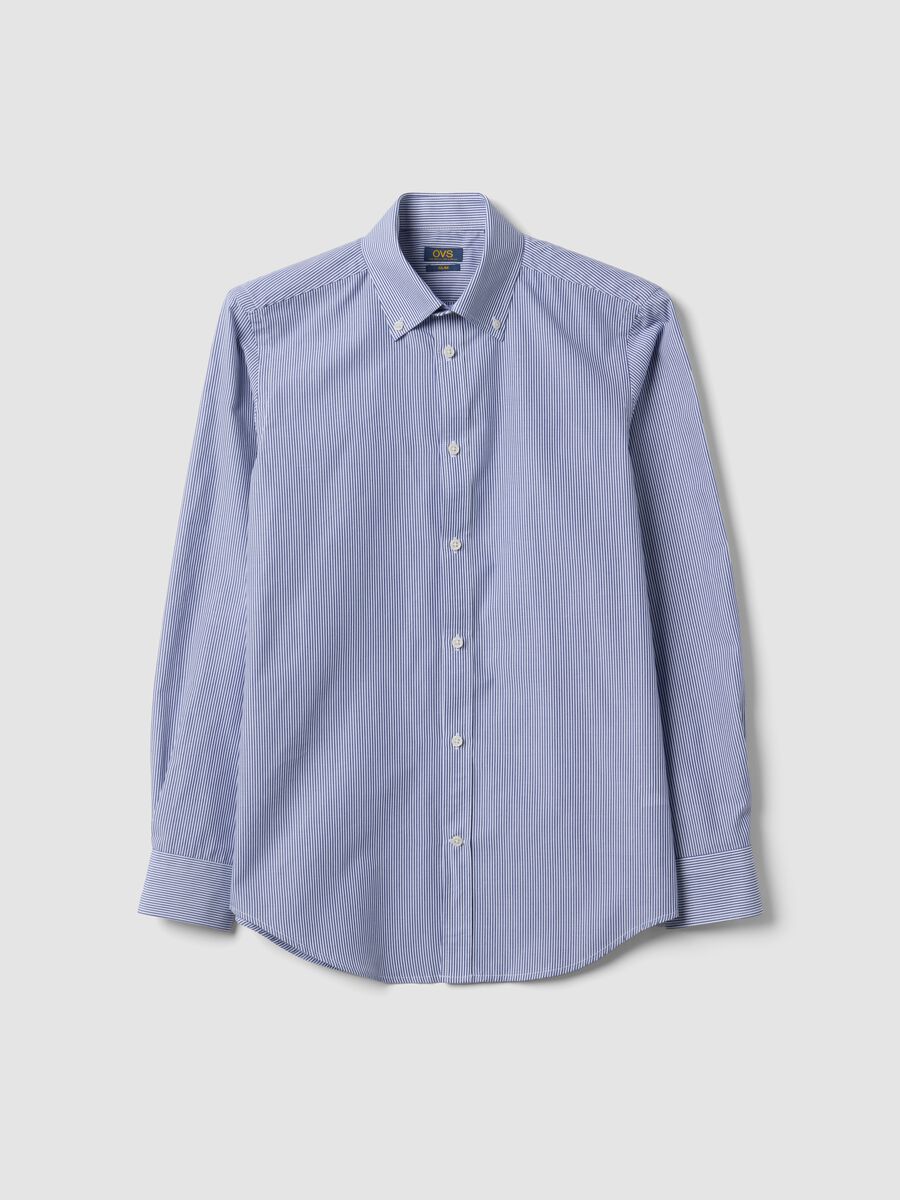 Camicia blu a righe in misto cotone button down easy iron slim fit_4