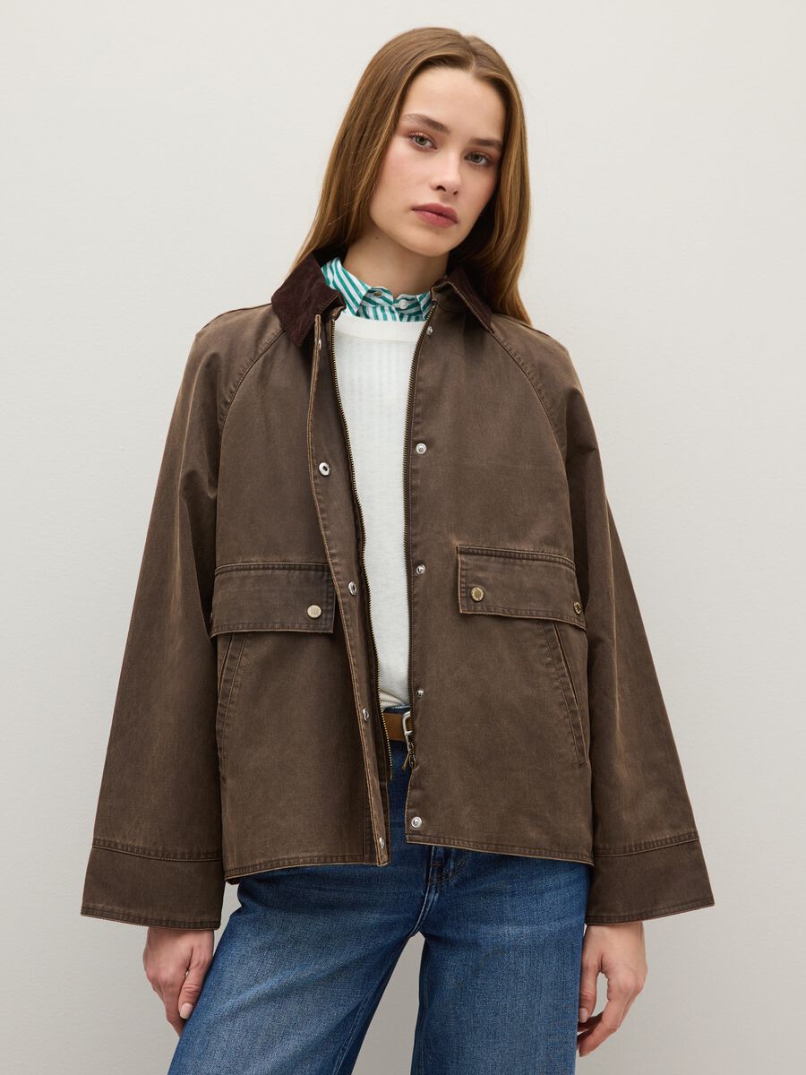 Brown cotton blend jacket with buttons and zip_0