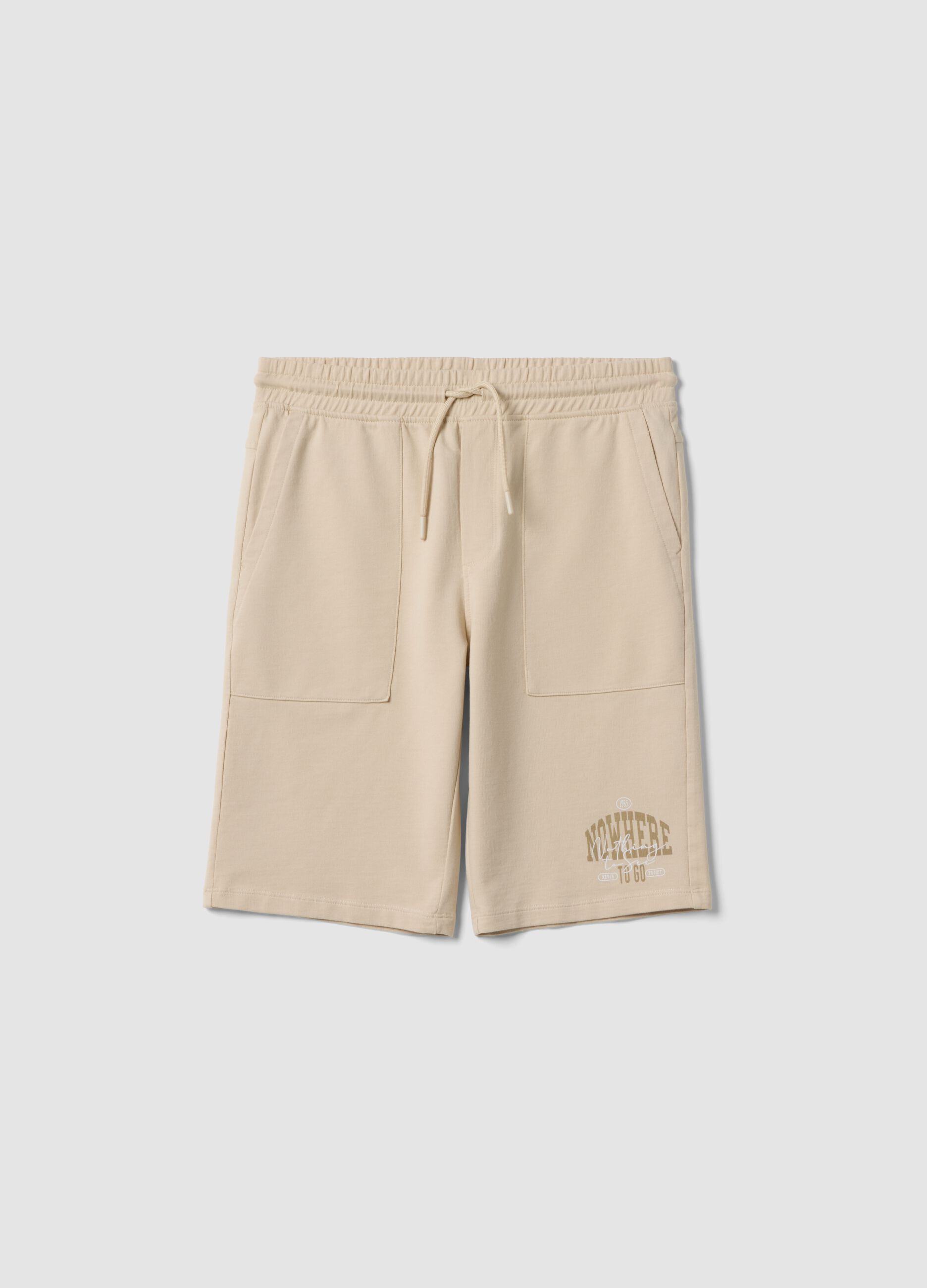Beige pure cotton jogger shorts for boys with elasticated waist
