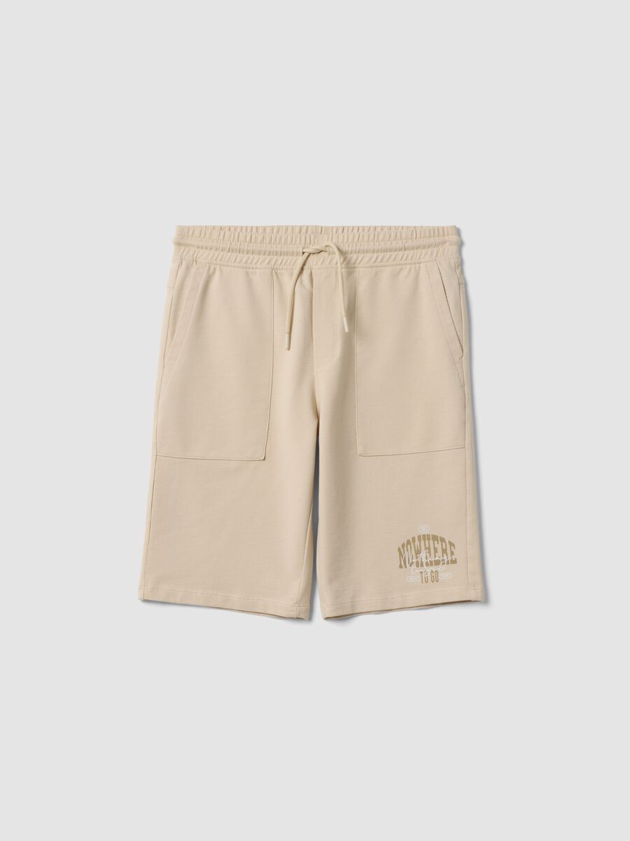 Shorts jogger beige in puro cotone da ragazzo con vita elasticizzata_0