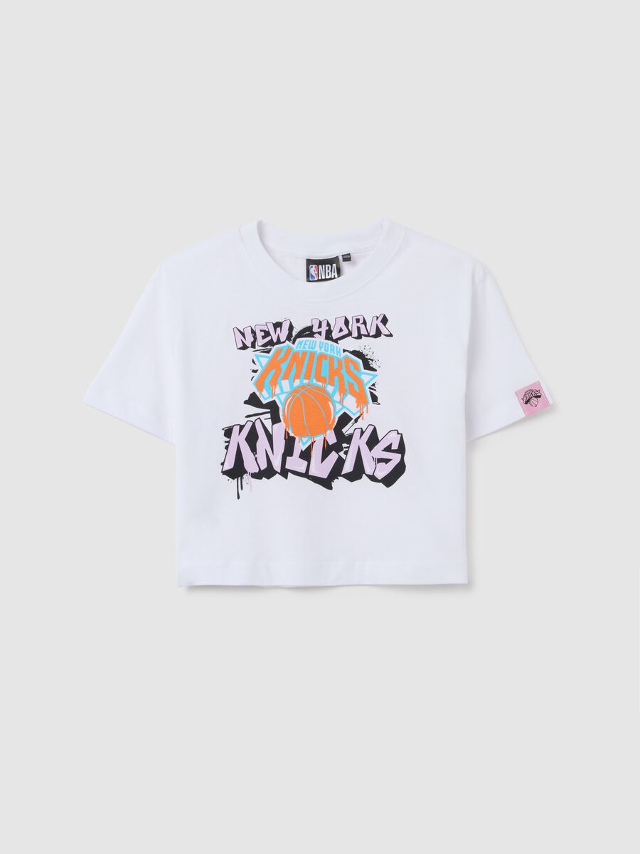 T-shirt da ragazze in puro cotone bianca regular fit con stampa New York Nnicks_0