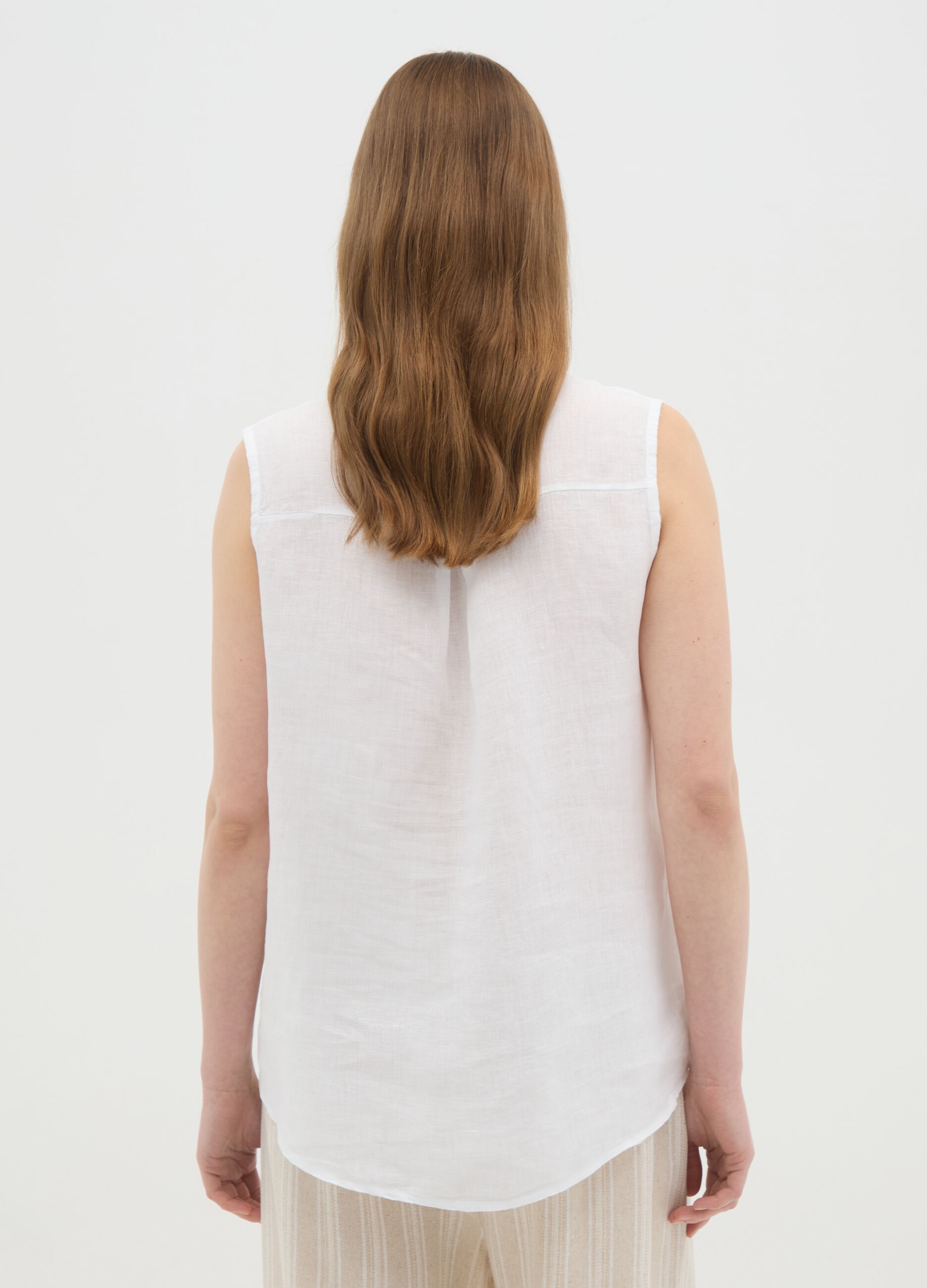 Women's white sleeveless linen blouse regular fit
