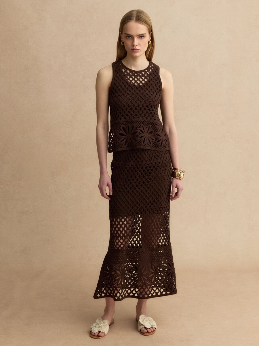 Gonna lunga in misto cotone marrone regular fit con design a maglia_0