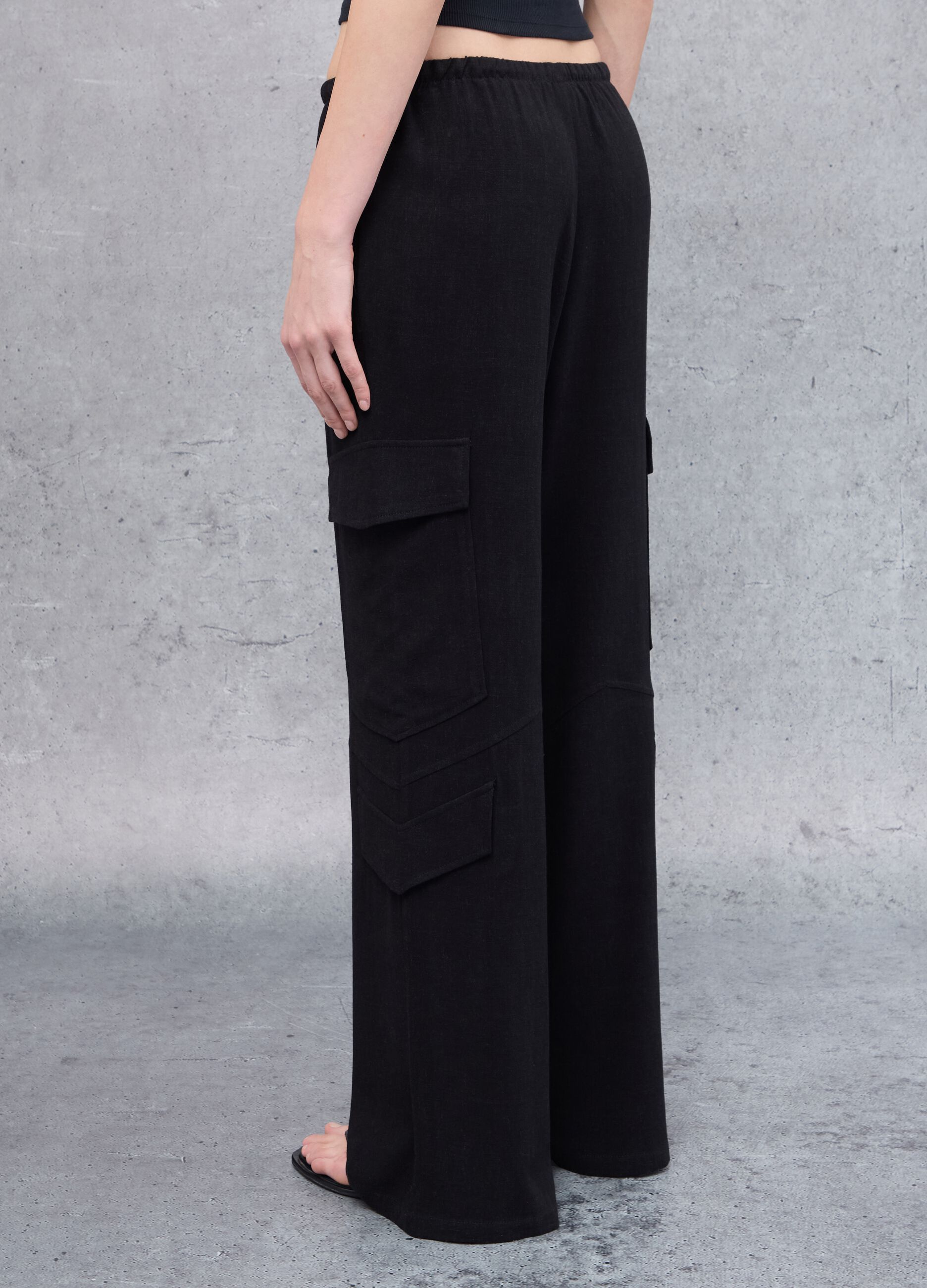 Cargo Linen Wide Leg Trousers Black