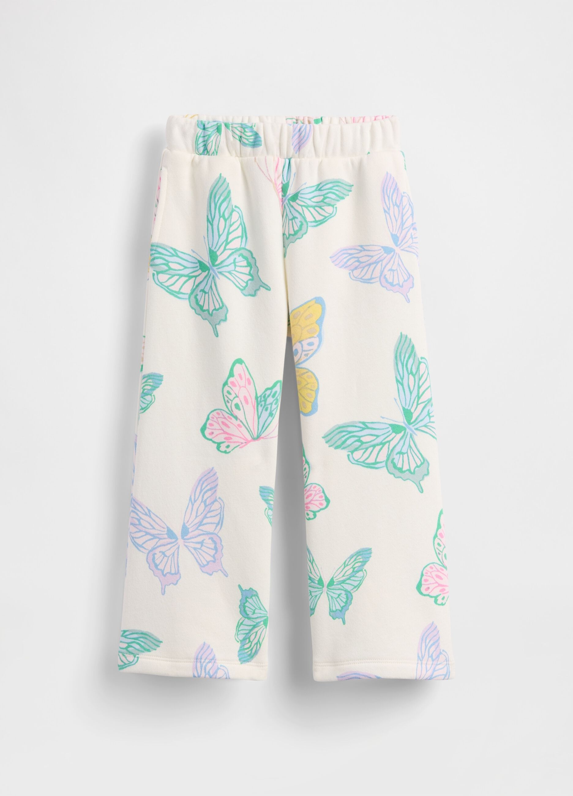 Multicolor cotton blend trousers for baby girls with butterfly motifs