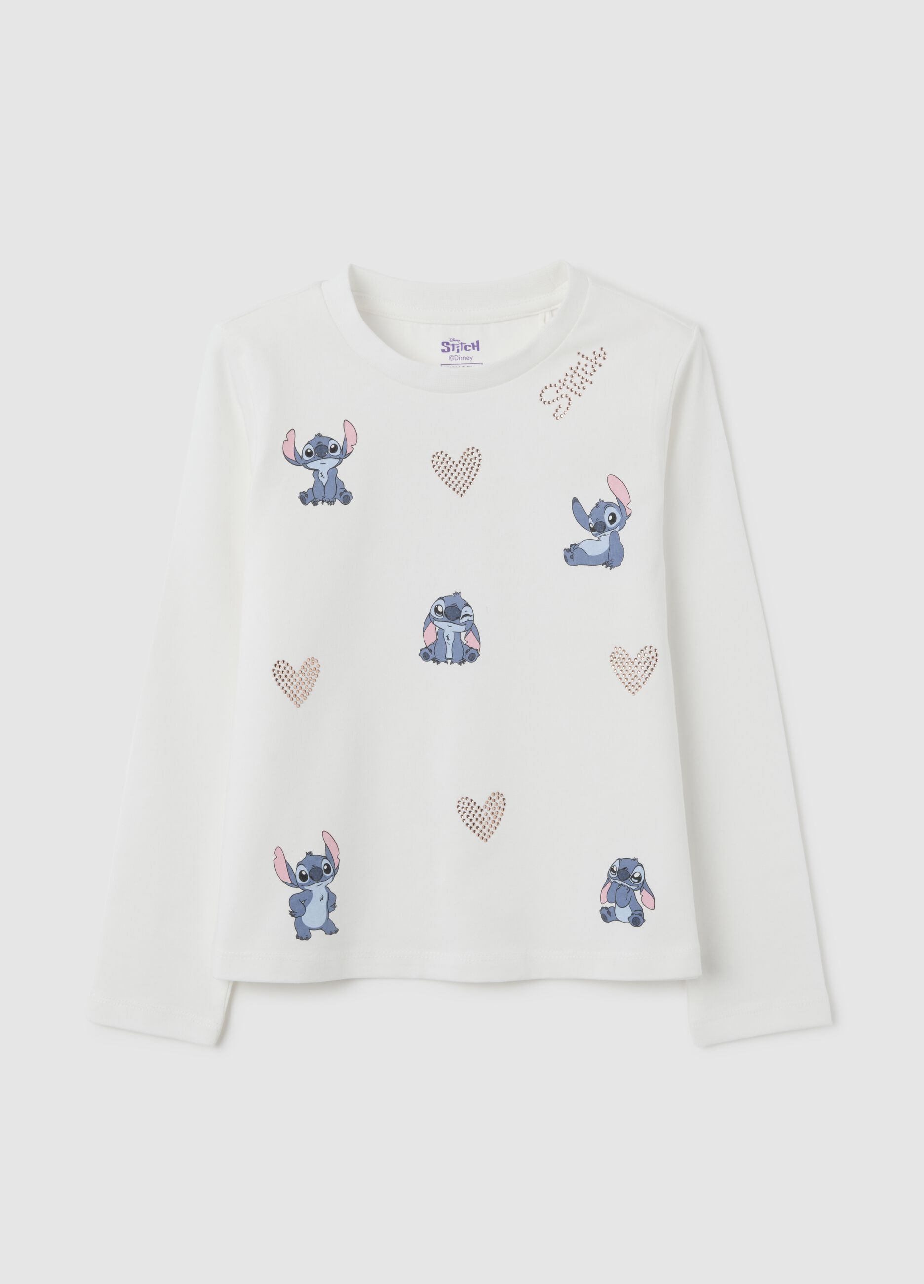 Maglia da bambina in cotone elasticizzato bianca regular fit con stampa Stitch