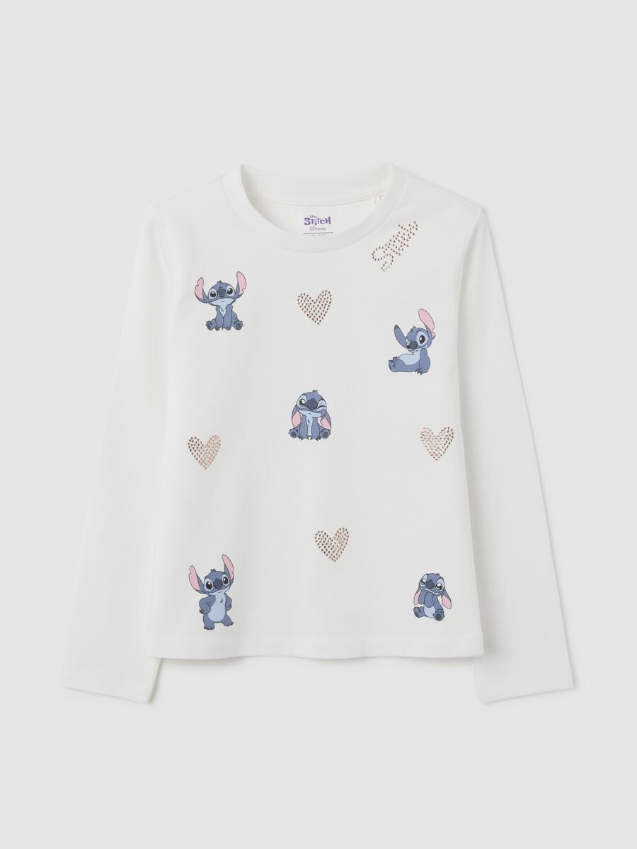 White stretch cotton girl's t-shirt, regular fit with Stitch print_0