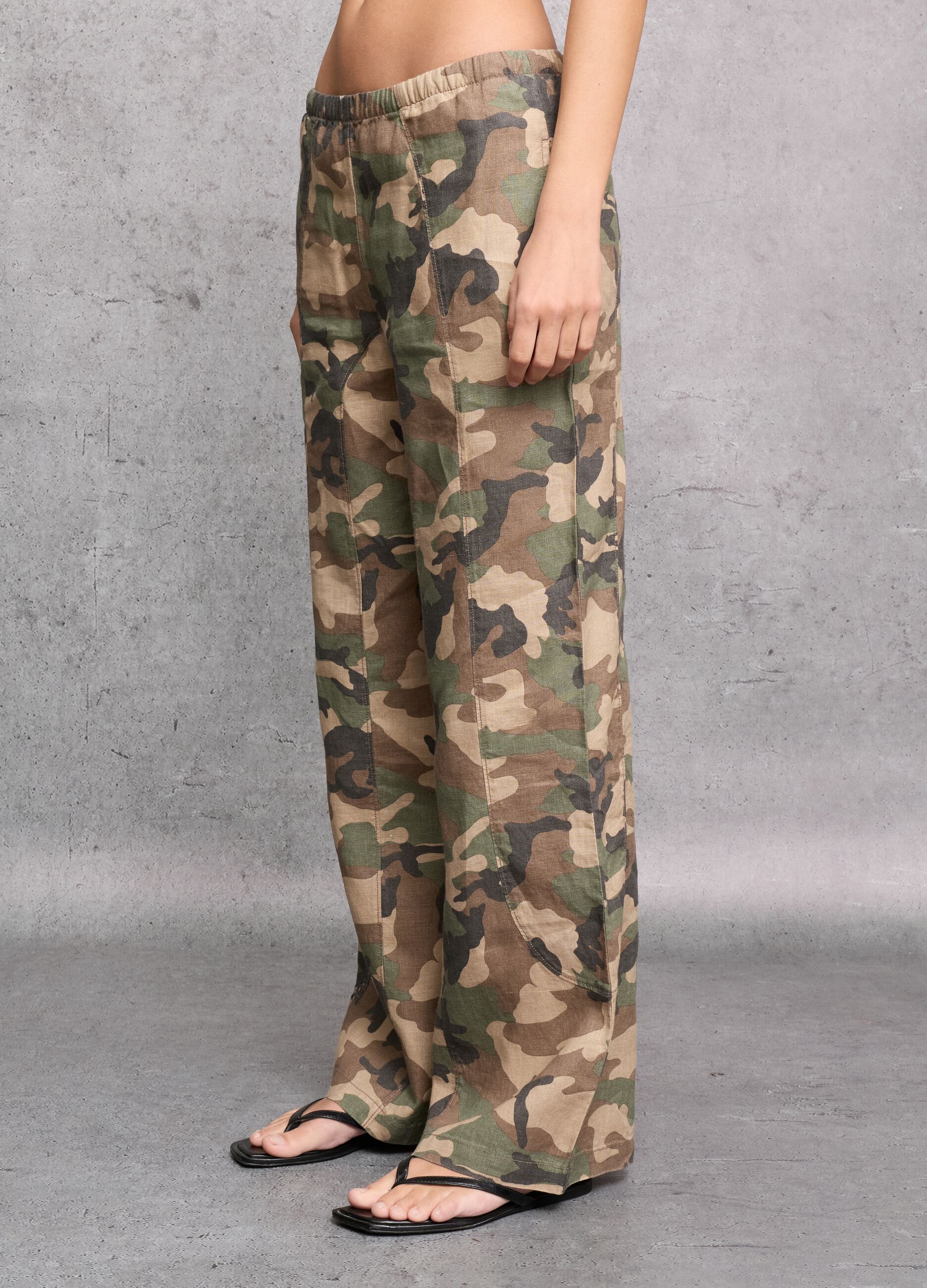 100% Linen Wide-Leg Camo Trousers