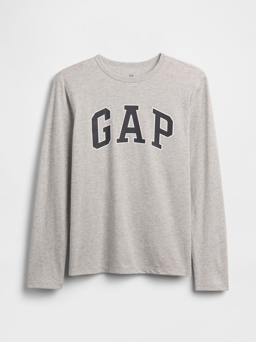 T-shirt grigio chiaro in puro cotone a maniche lunghe con logo GAP_0