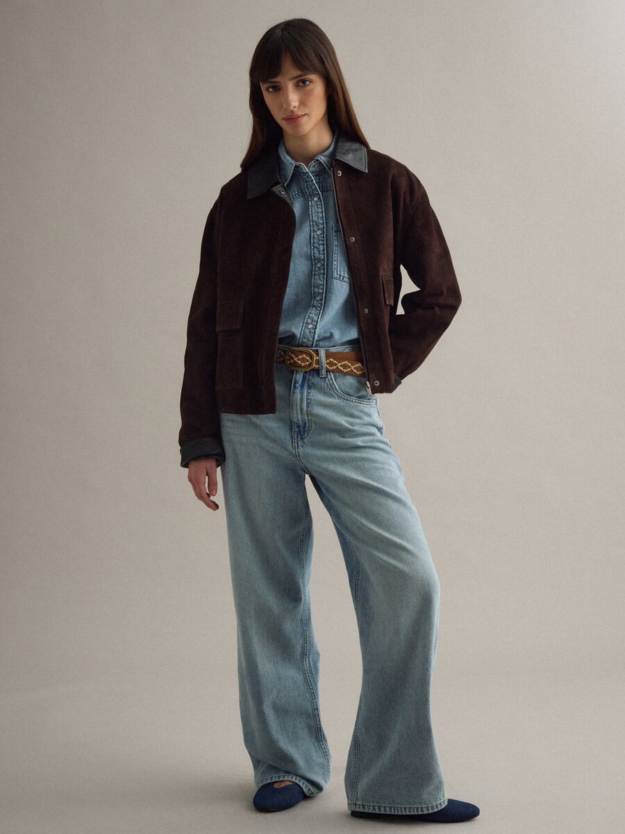 Brown regular fit genuine leather jacket with contrasting collar_1