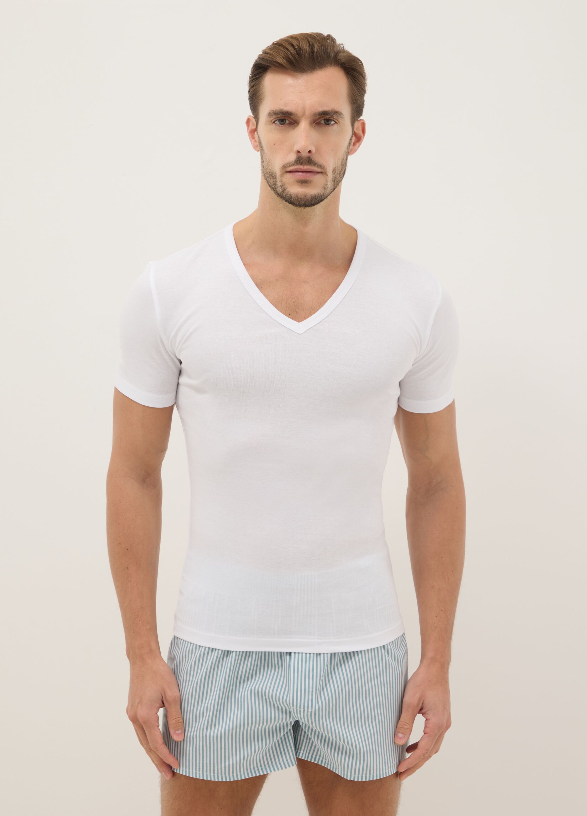 Twin Pack Pure Cotton White Regular Fit Deep V-neck T-shirts