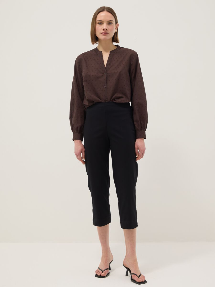 Brown pure cotton shirt with deep V-neck and polka dots, regular fit_1