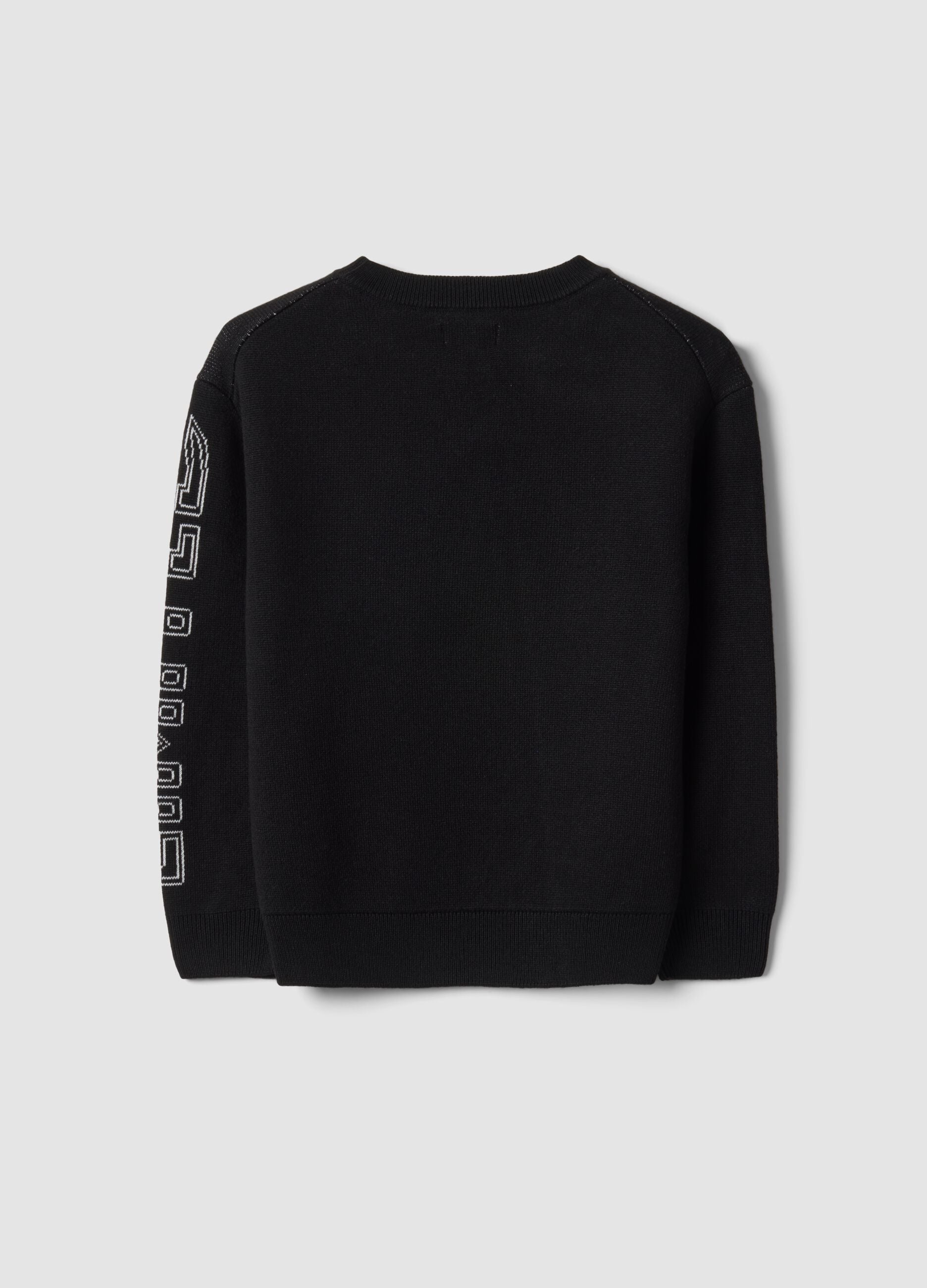 Black crew-neck jumper with jacquard print