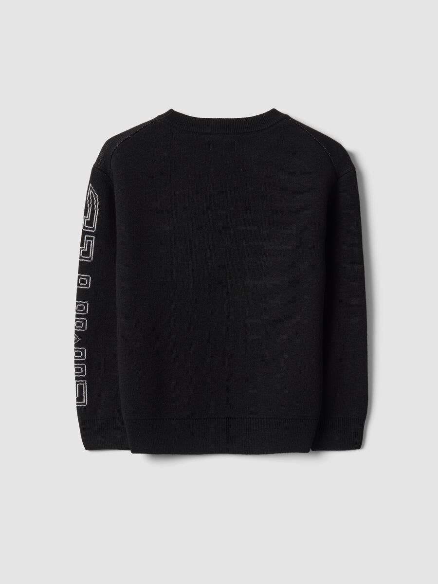 Maglia nera girocollo con stampa jacquard_1