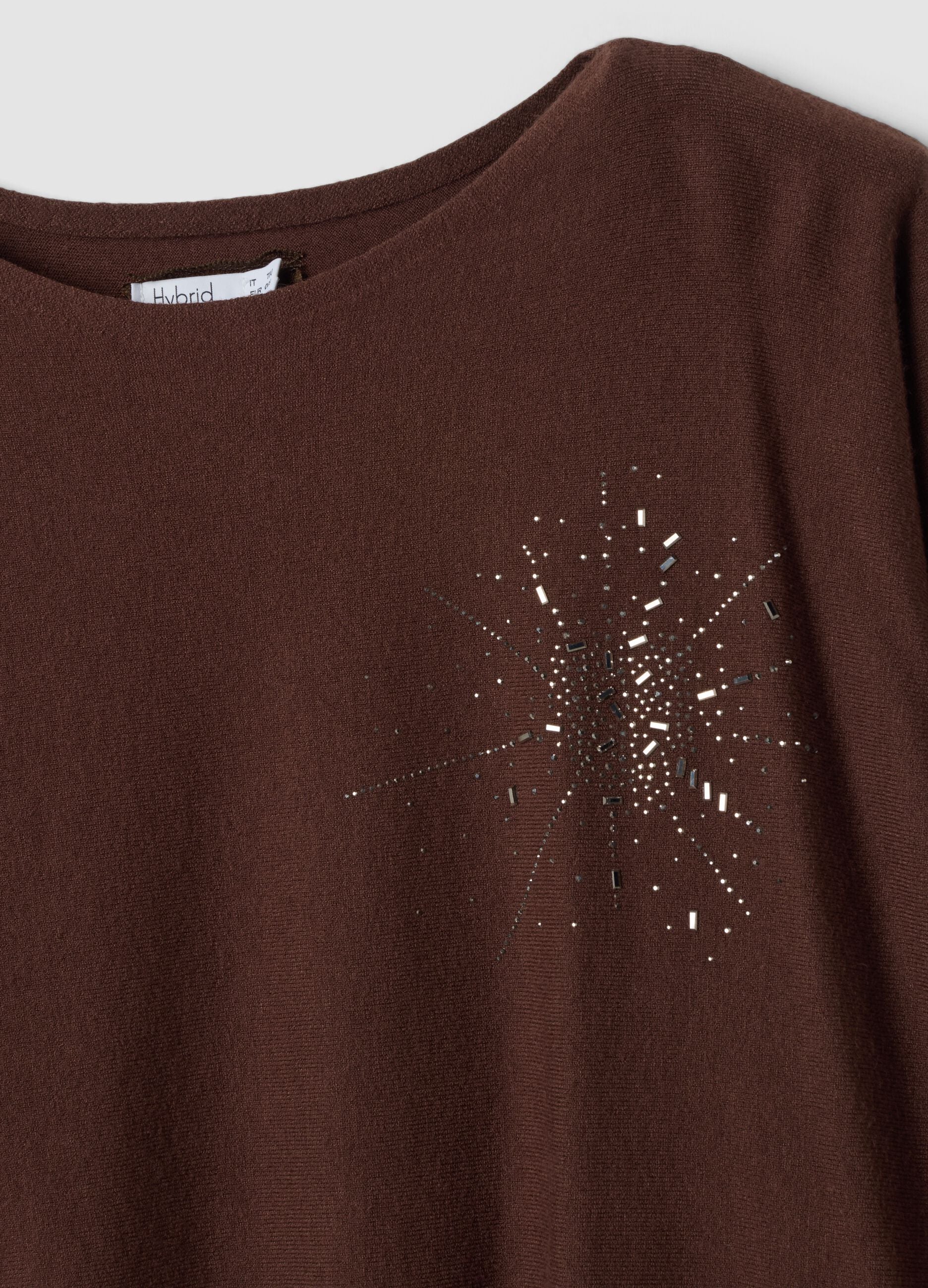 Brown viscose-blend jumper with rhinestones, regular fit