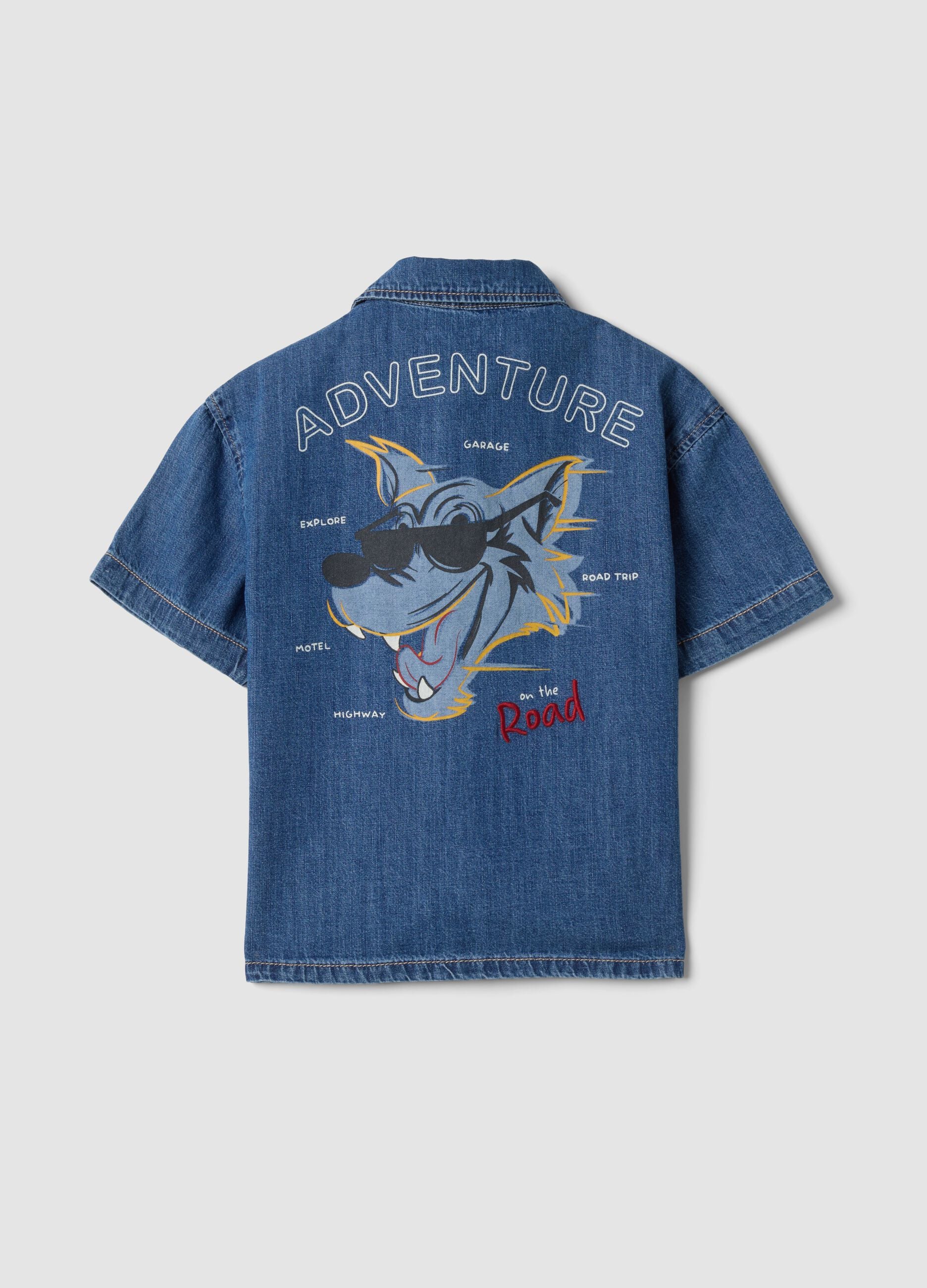 Blue denim short-sleeve pure cotton shirt