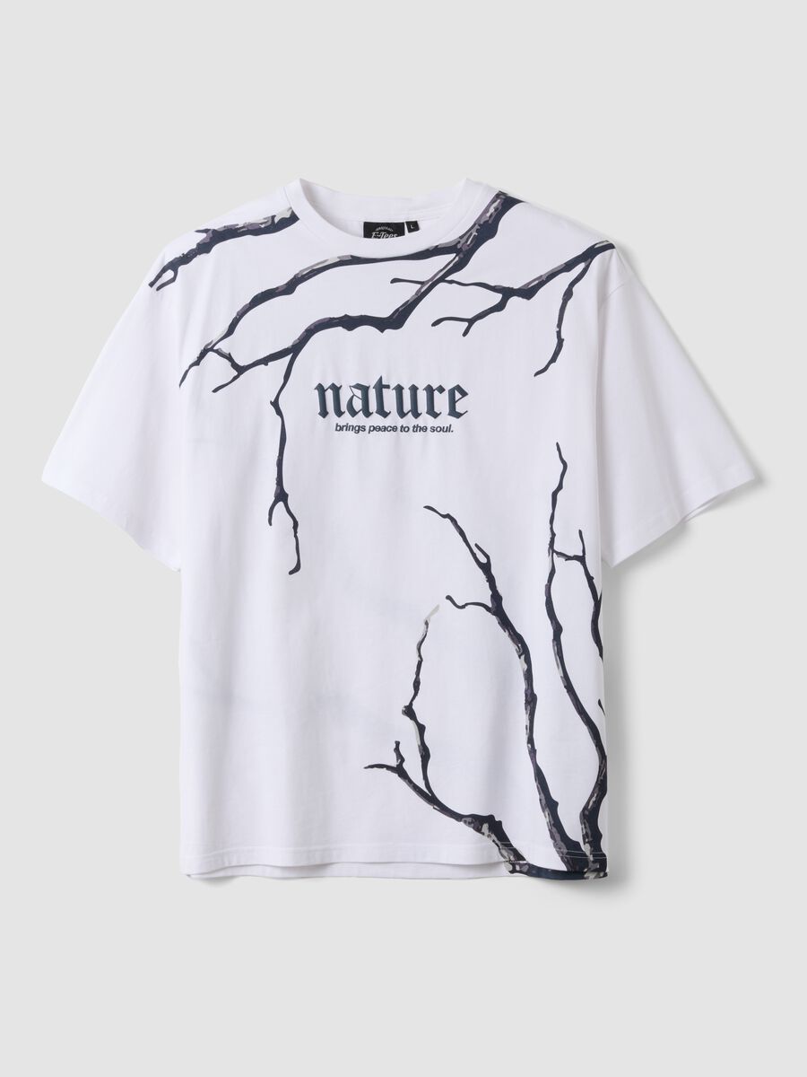 T-shirt bianca in puro cotone con scritta Nature_0