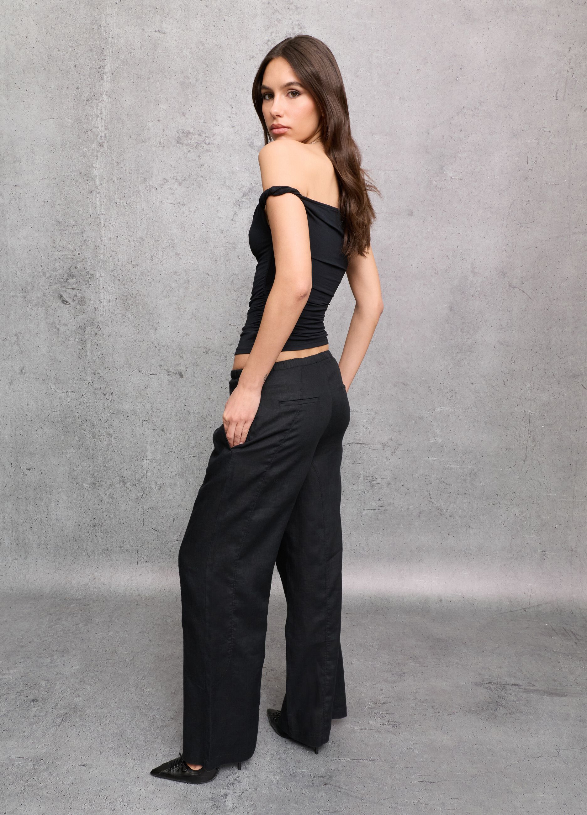 100% Linen Wide-Leg Trousers Black