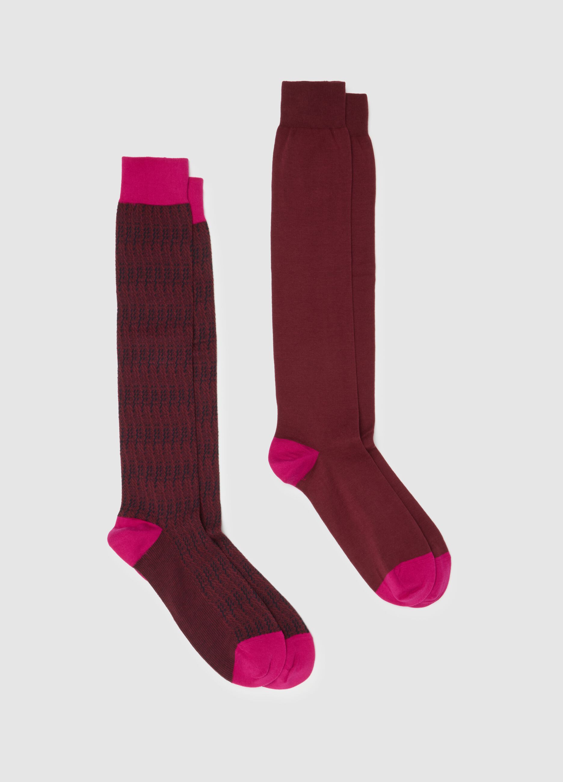 Twin pack of long burgundy cotton stretch socks