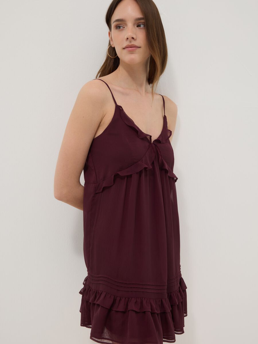 Purple mini dress with ruffles and plunging neckline_1