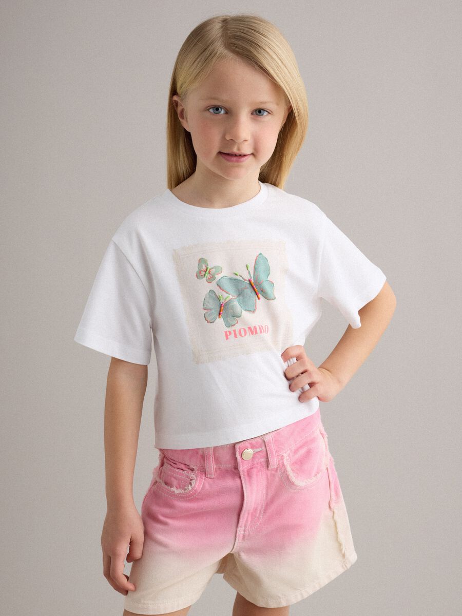 Girls&rsquo; white stretch cotton T-shirt with butterfly print_0
