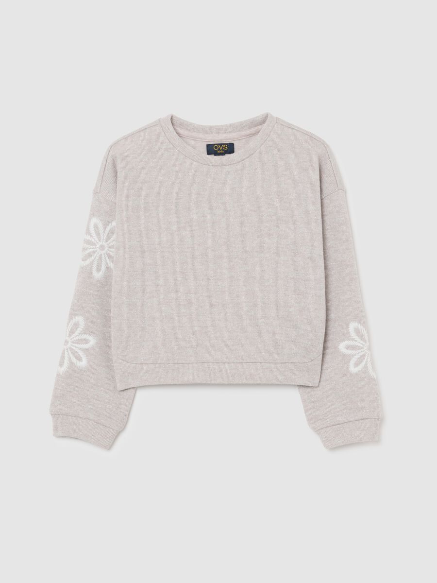 Beige Cotton Blend Regular Fit Sweatshirt with Embroidered Flowers for Girls_0