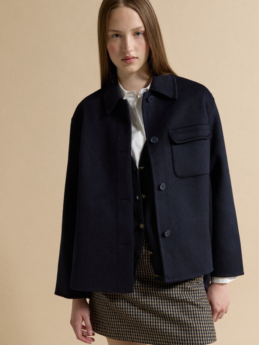 Cappotto blu in misto lana e viscosa con bottoni over fit_1