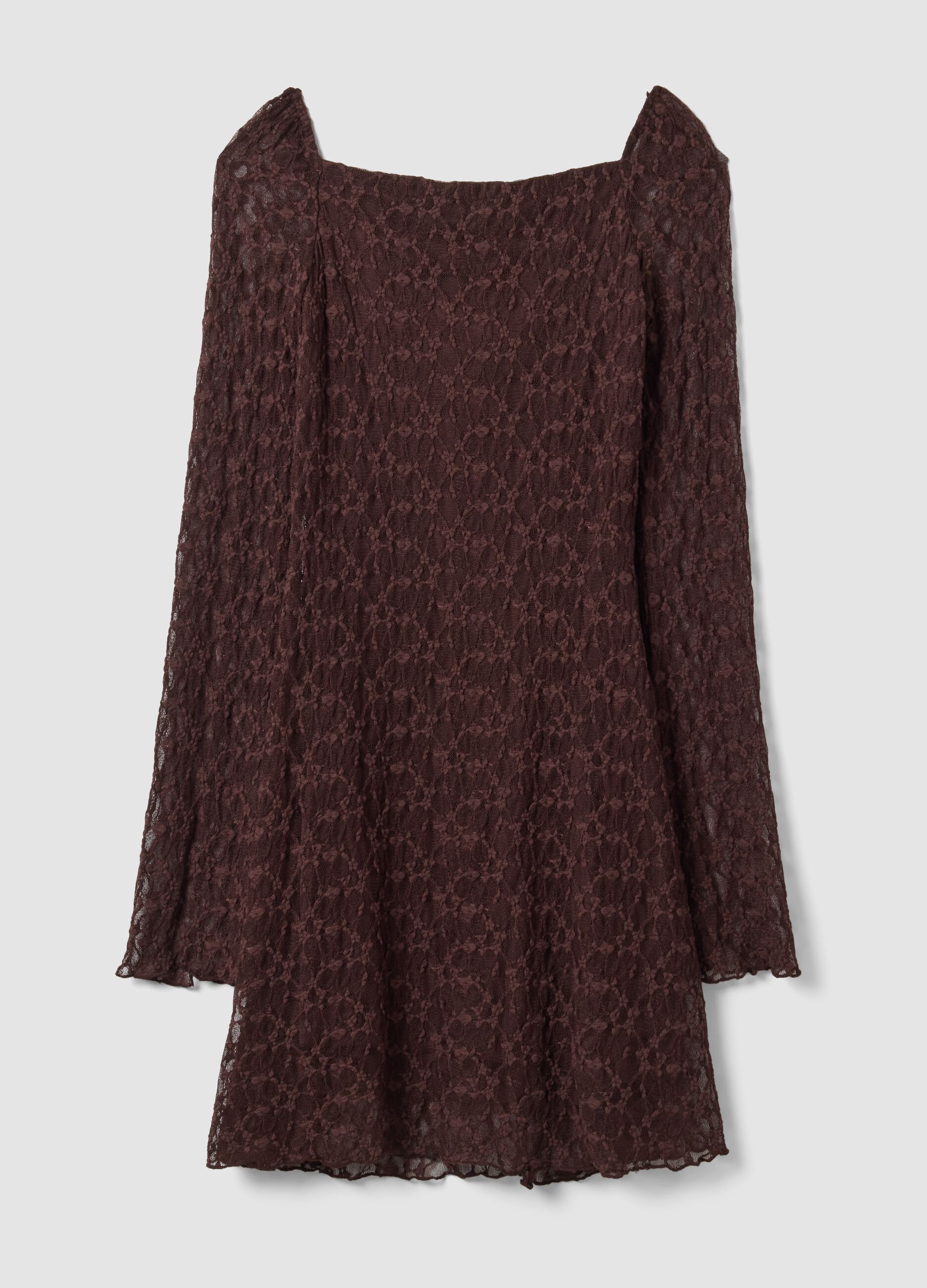 Brown stretch-fabric dress with deep V-neck, regular fit