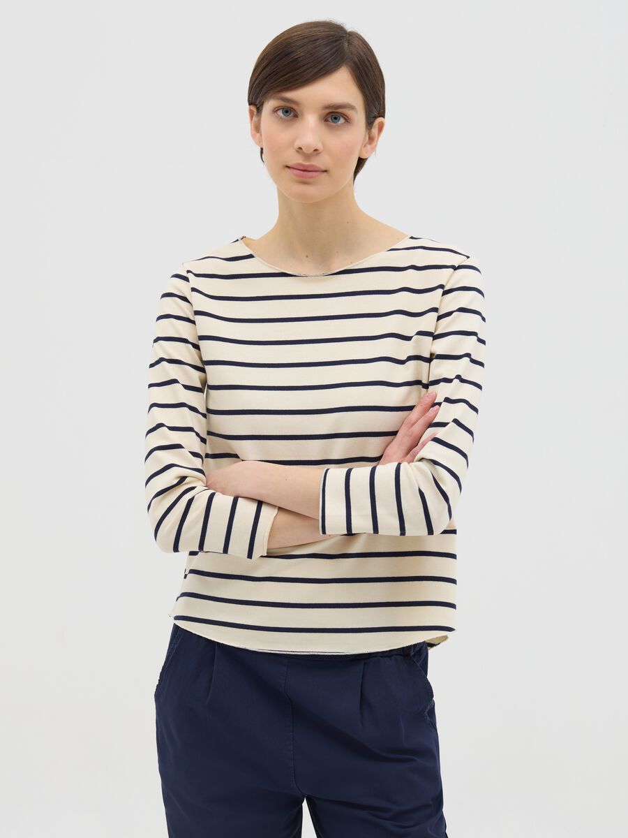 White and blue T-shirt in striped cotton_0