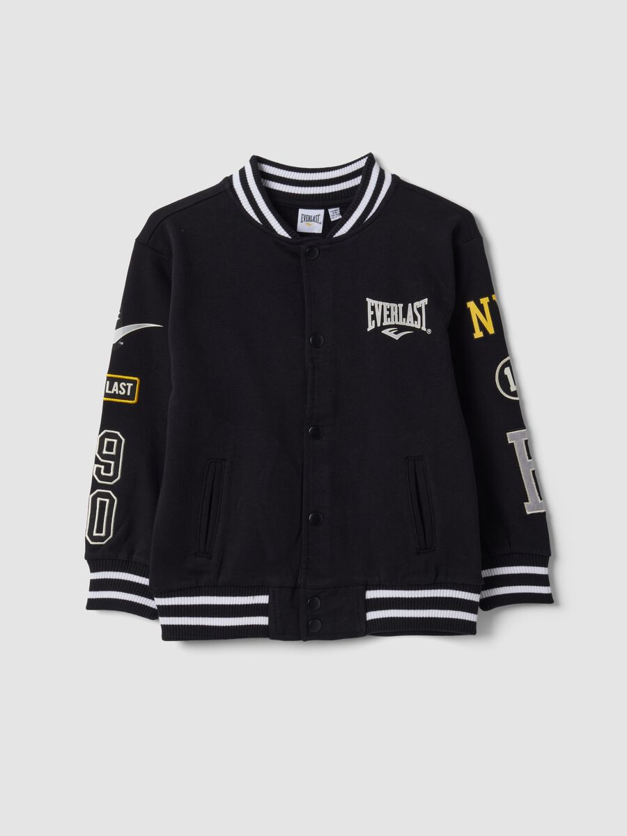 Felpa nera in puro cotone stile college con logo regular fit per bambino_0