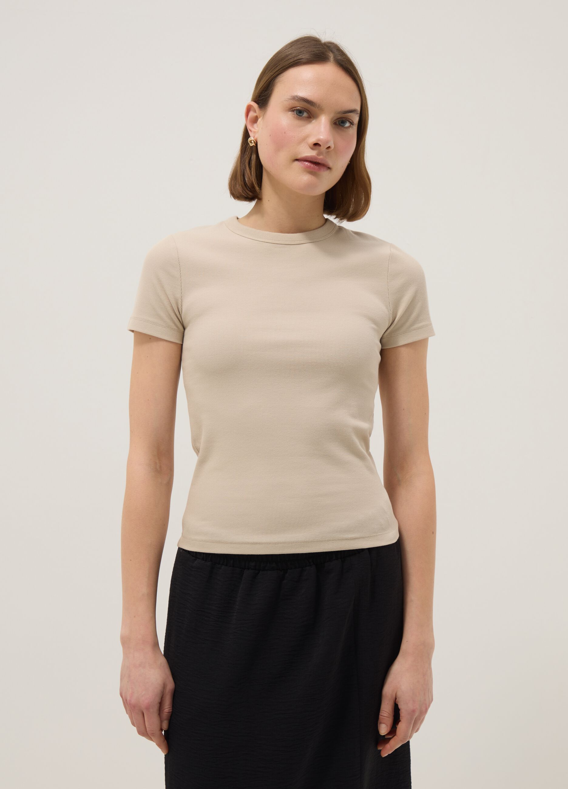 Beige fitted short-sleeve stretch cotton T-shirt