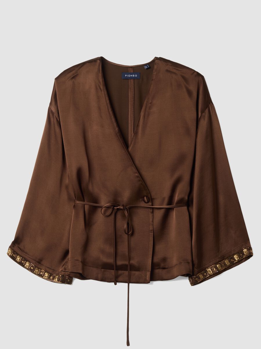 Kimono blazer marrone in pura viscosa con cintura_0