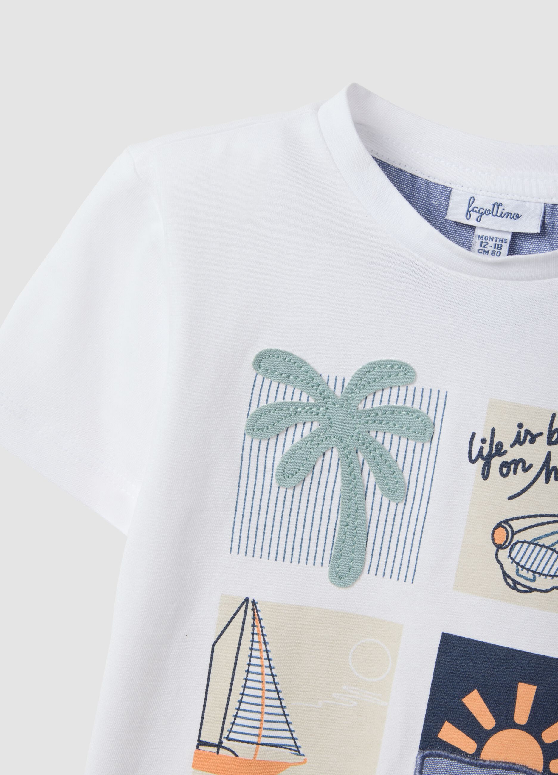 White short-sleeve pure cotton T-shirt with print