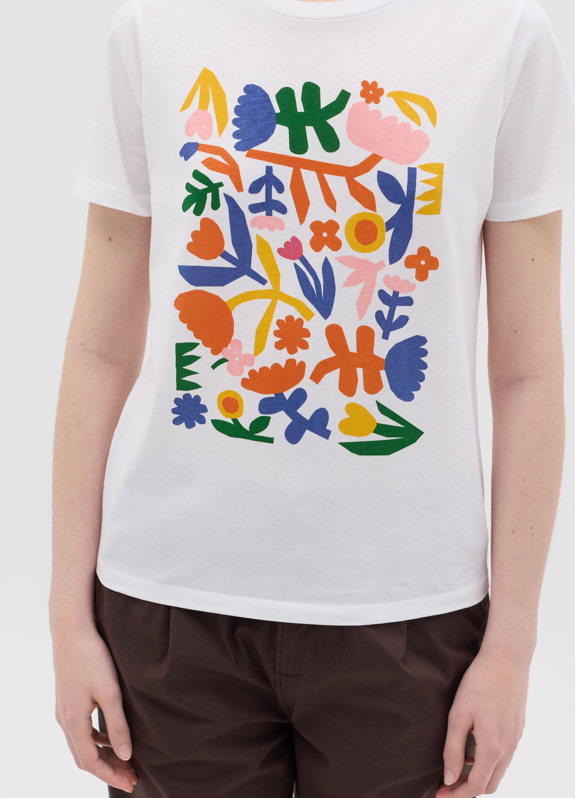 White cotton T-shirt with floral print