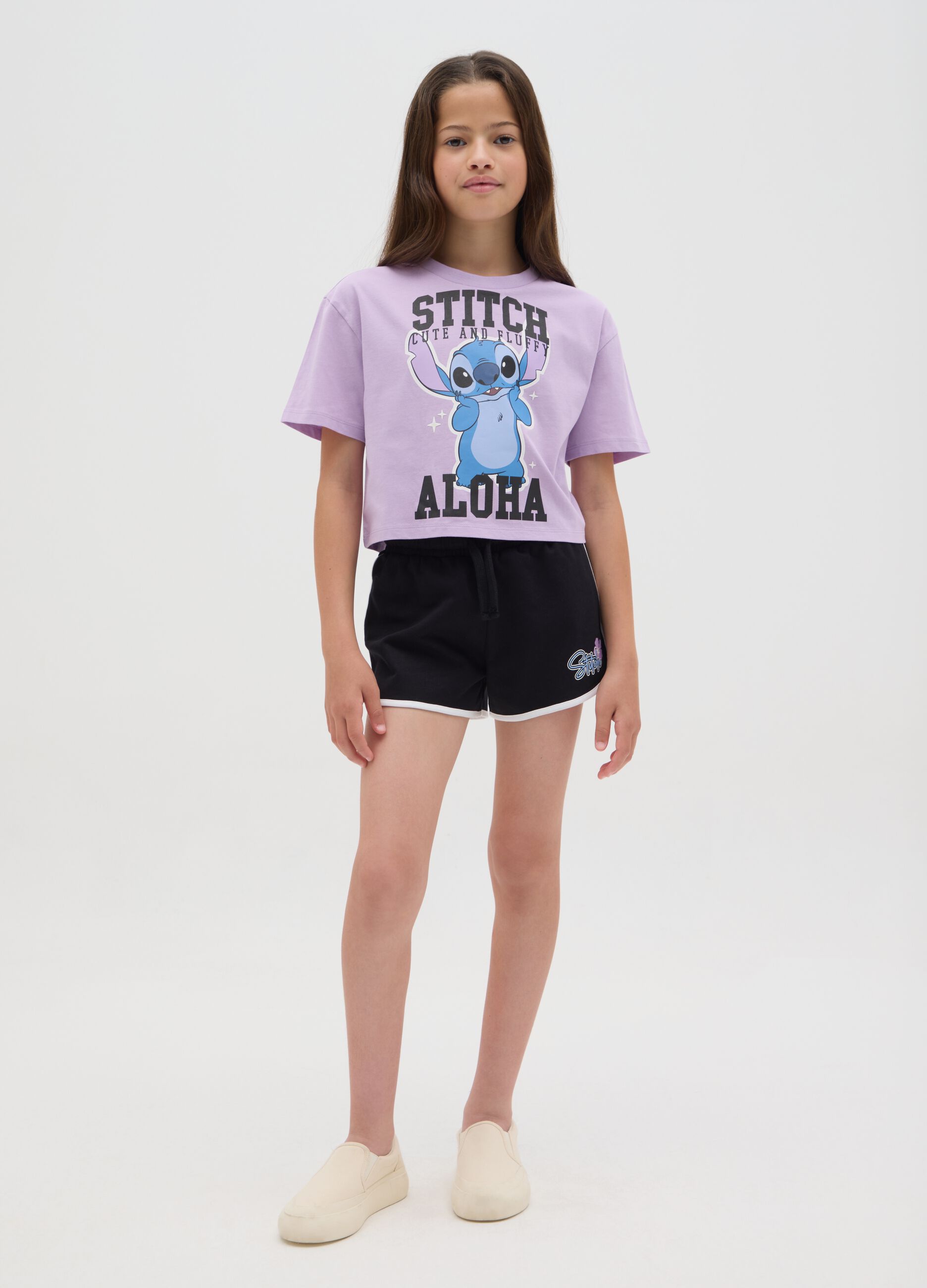 Completo jogging da ragazza in puro cotone viola regular fit con stampa Stitch