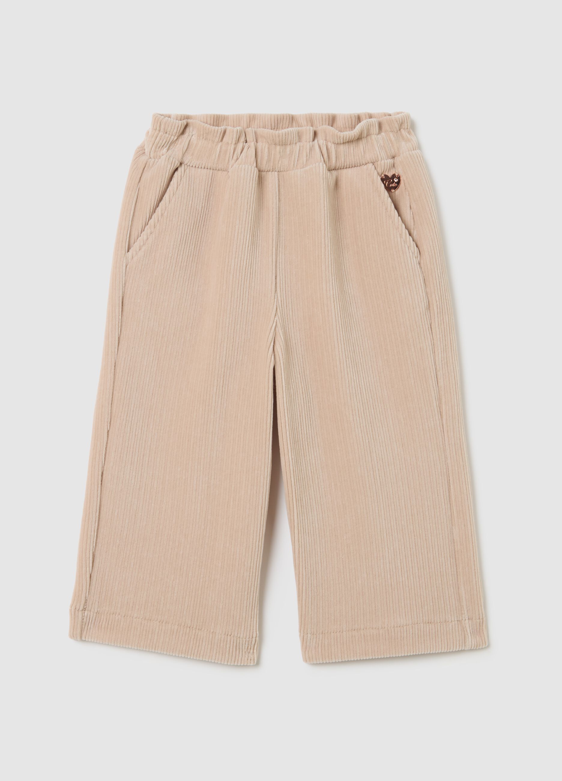 Girl's beige wide-leg cotton blend trousers