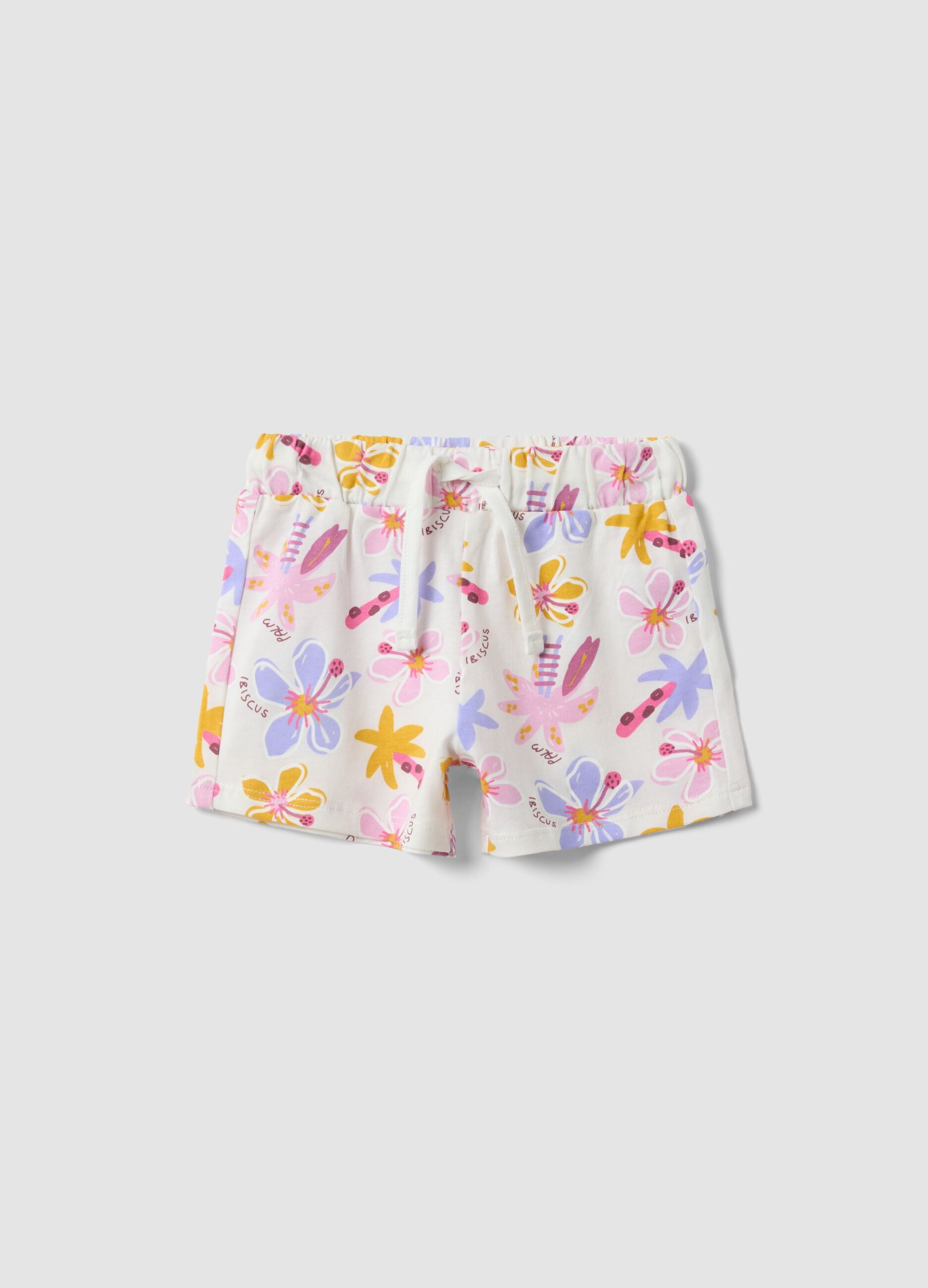 White organic cotton floral shorts for baby girls