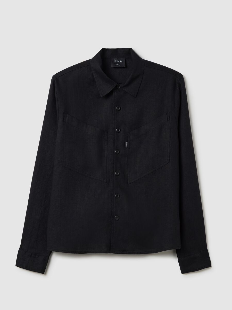 100% Linen Cargo Shirt Black_5