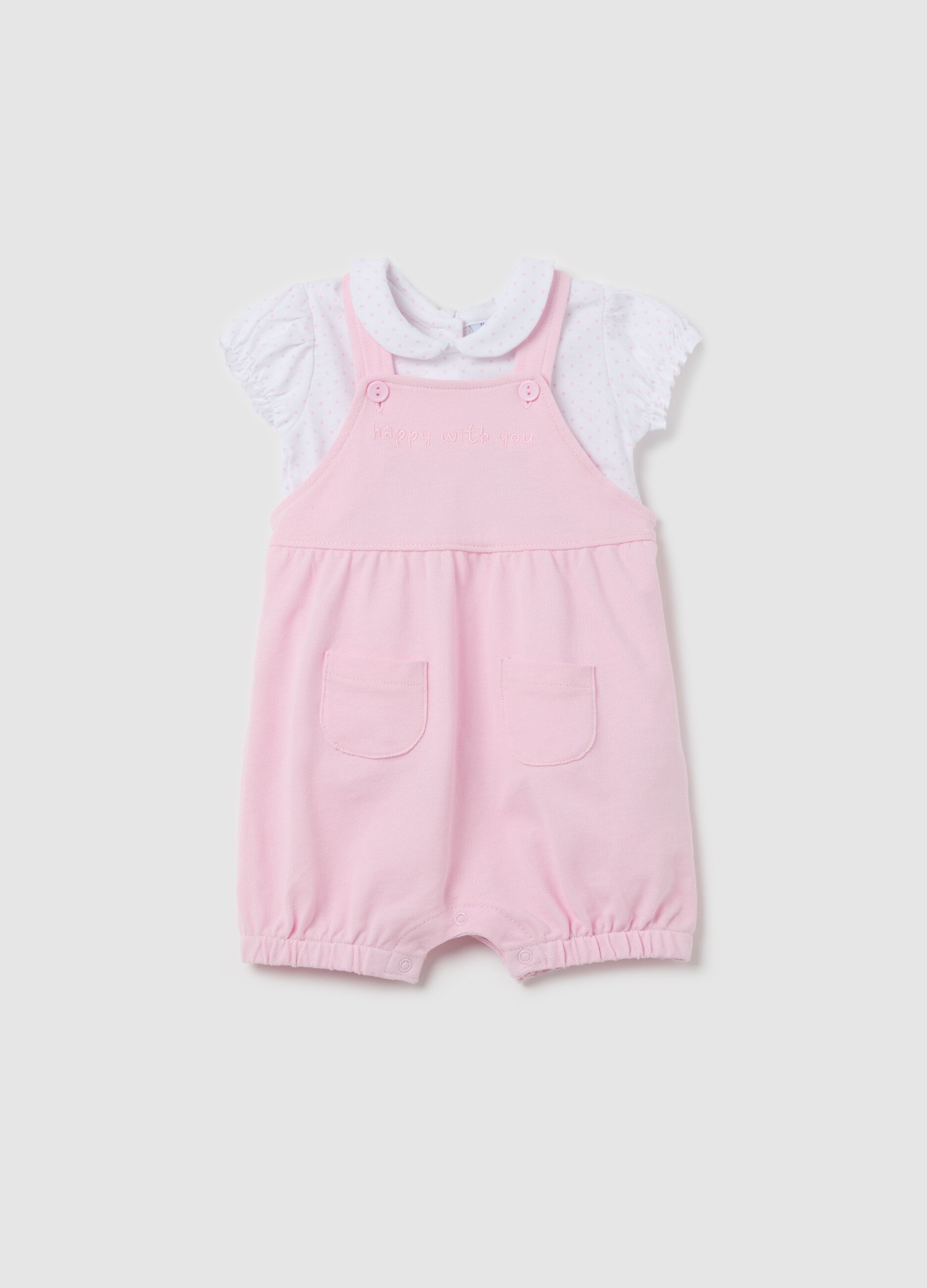 Set t-shirt in fantasia micro pois e salopette in cotone 